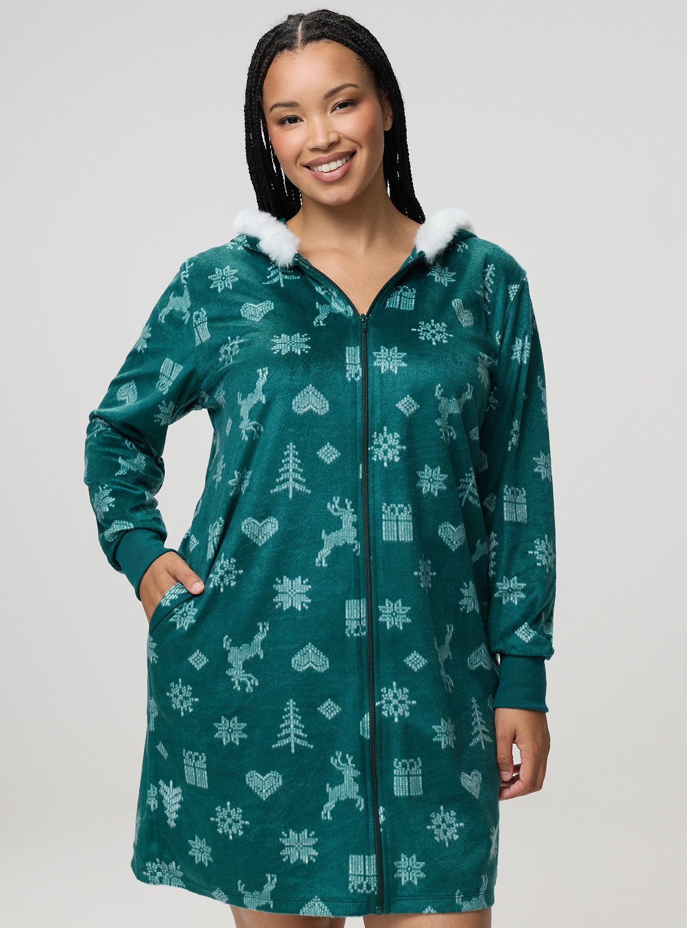 Fleece Zip-Up Lounge Dress, FAIRISLE ICONS GREEN, alternate