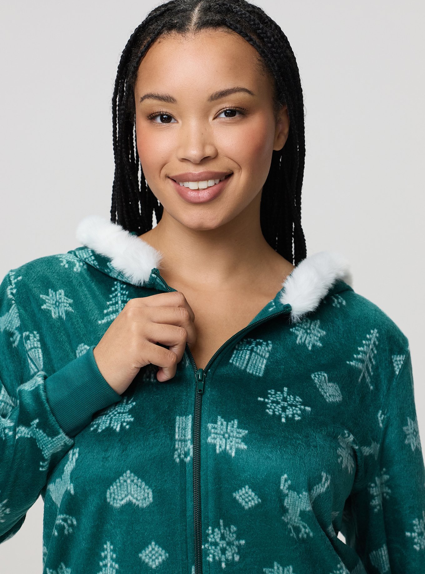 Fleece Zip-Up Lounge Dress, FAIRISLE ICONS GREEN, alternate