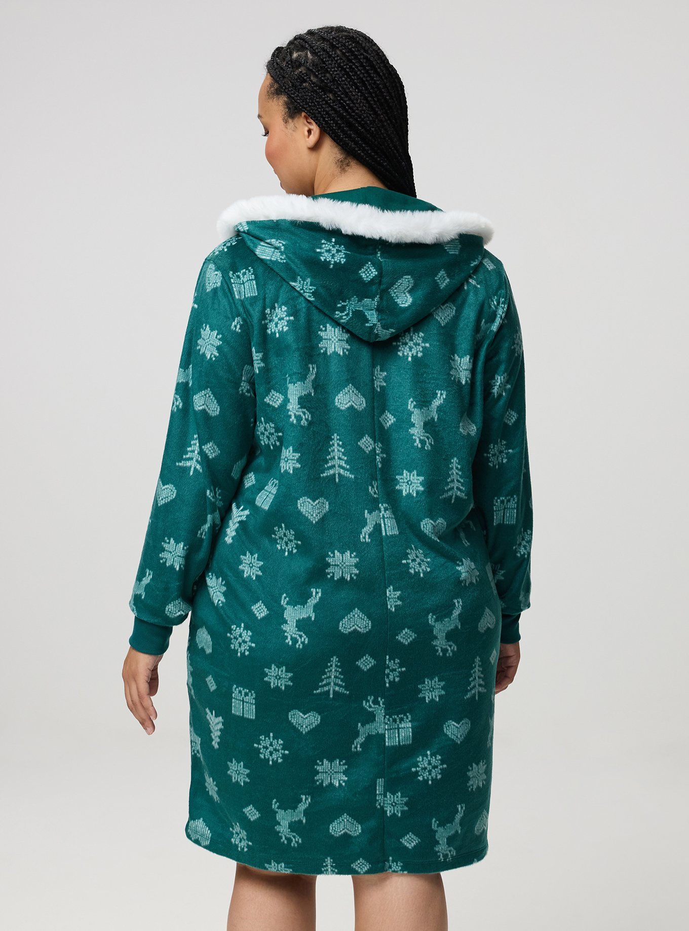 Fleece Zip-Up Lounge Dress, FAIRISLE ICONS GREEN, alternate