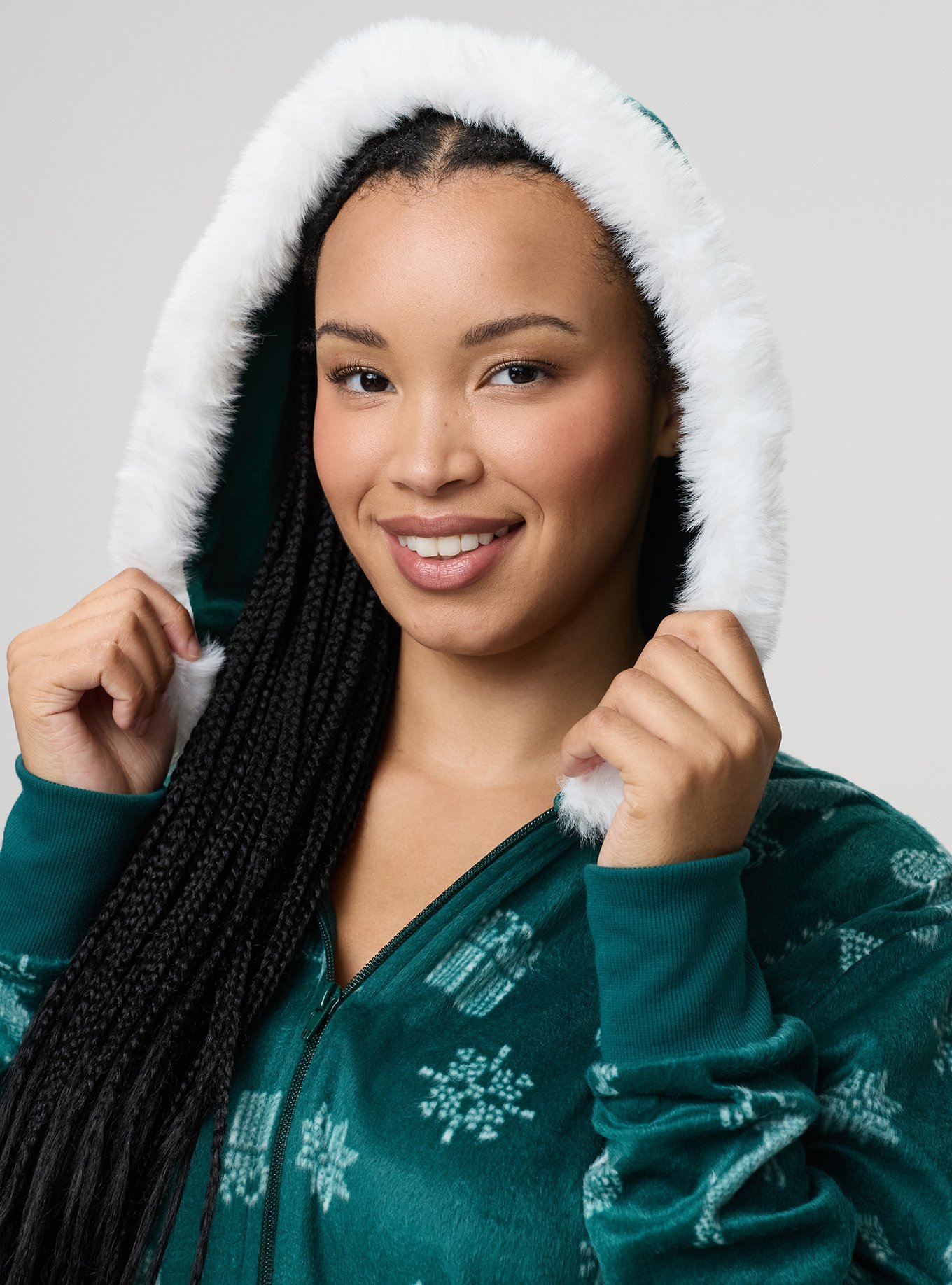 Fleece Zip-Up Lounge Dress, FAIRISLE ICONS GREEN, alternate