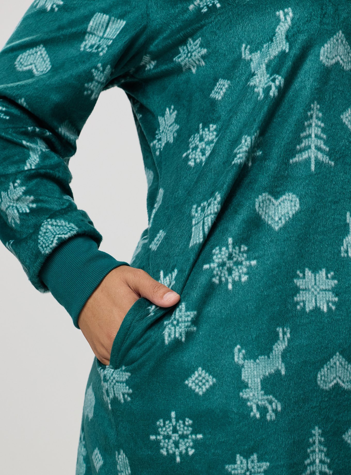 Fleece Zip-Up Lounge Dress, FAIRISLE ICONS GREEN, alternate