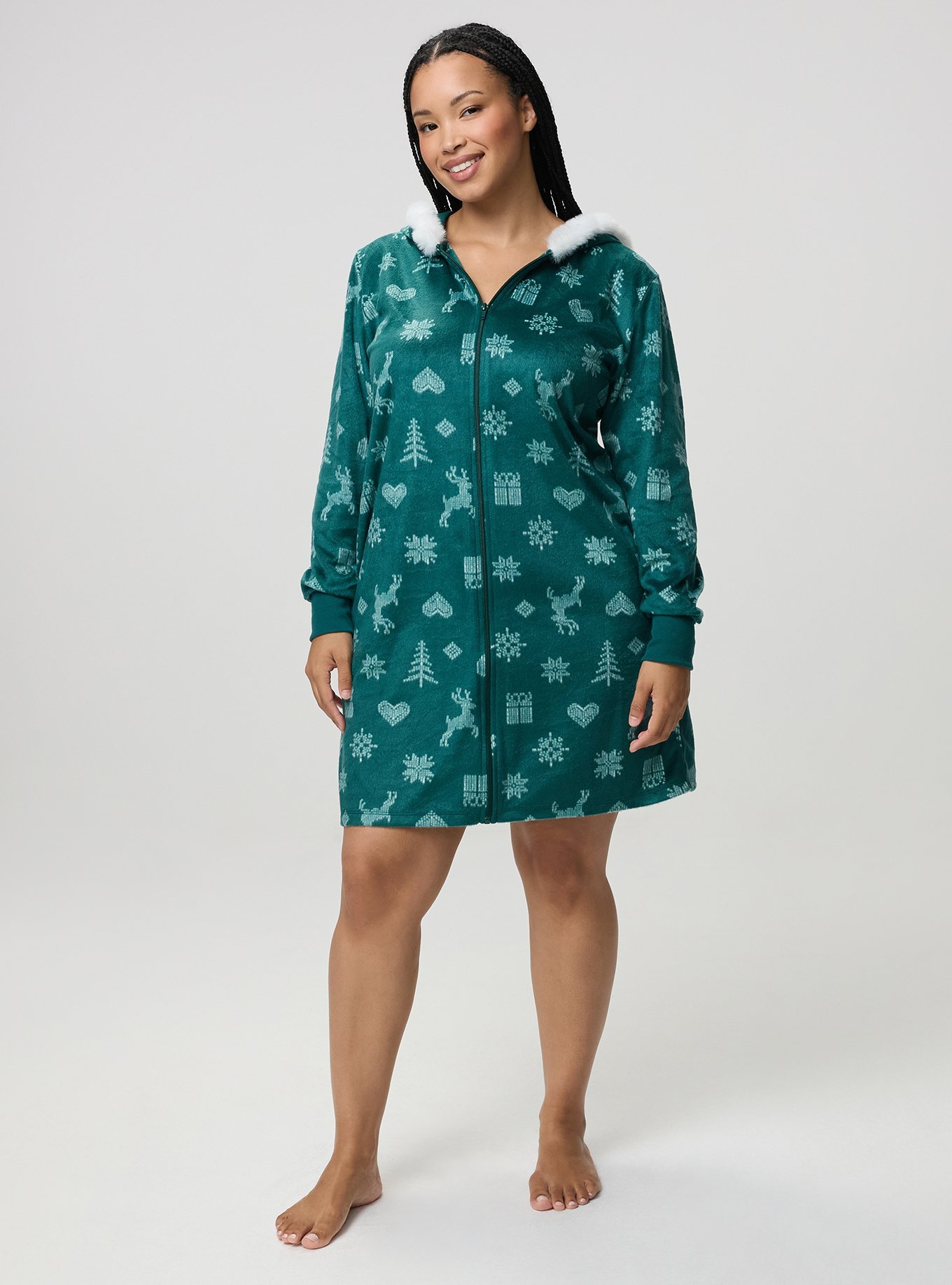 Fleece Zip-Up Lounge Dress, FAIRISLE ICONS GREEN, hi-res