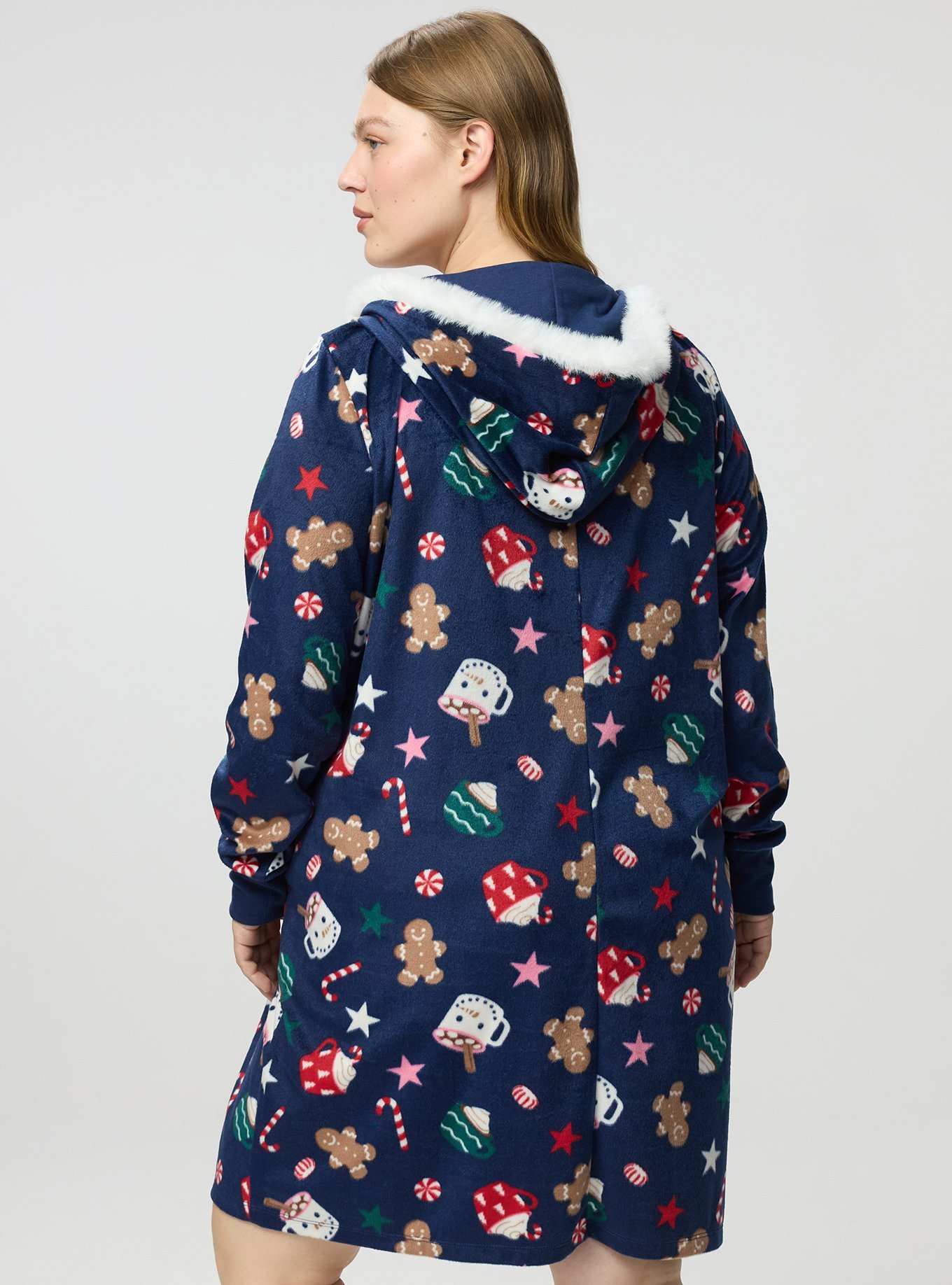 Fleece Zip-Up Lounge Dress, HOT COCO NAVY, alternate