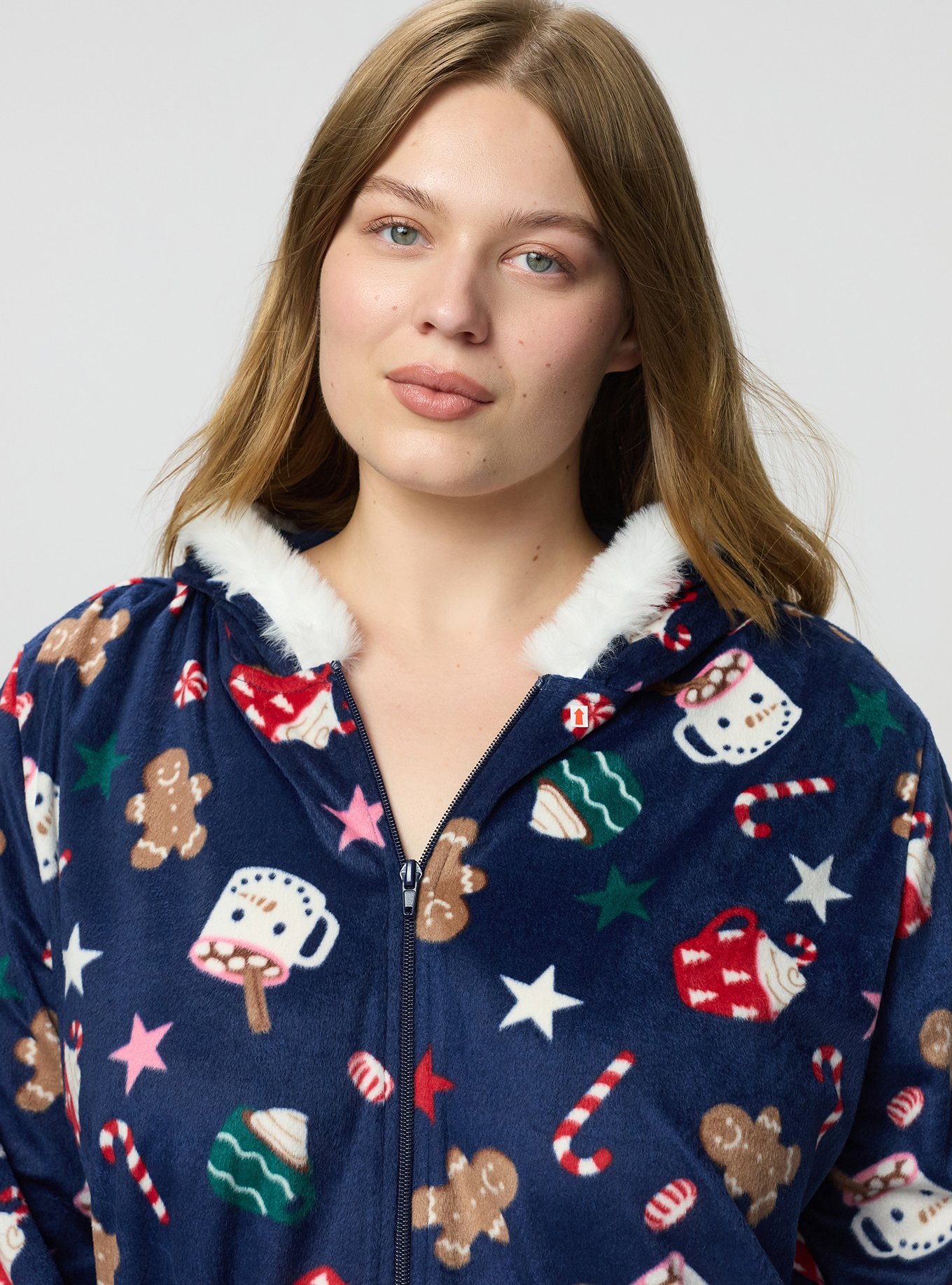 Fleece Zip-Up Lounge Dress, HOT COCO NAVY, alternate