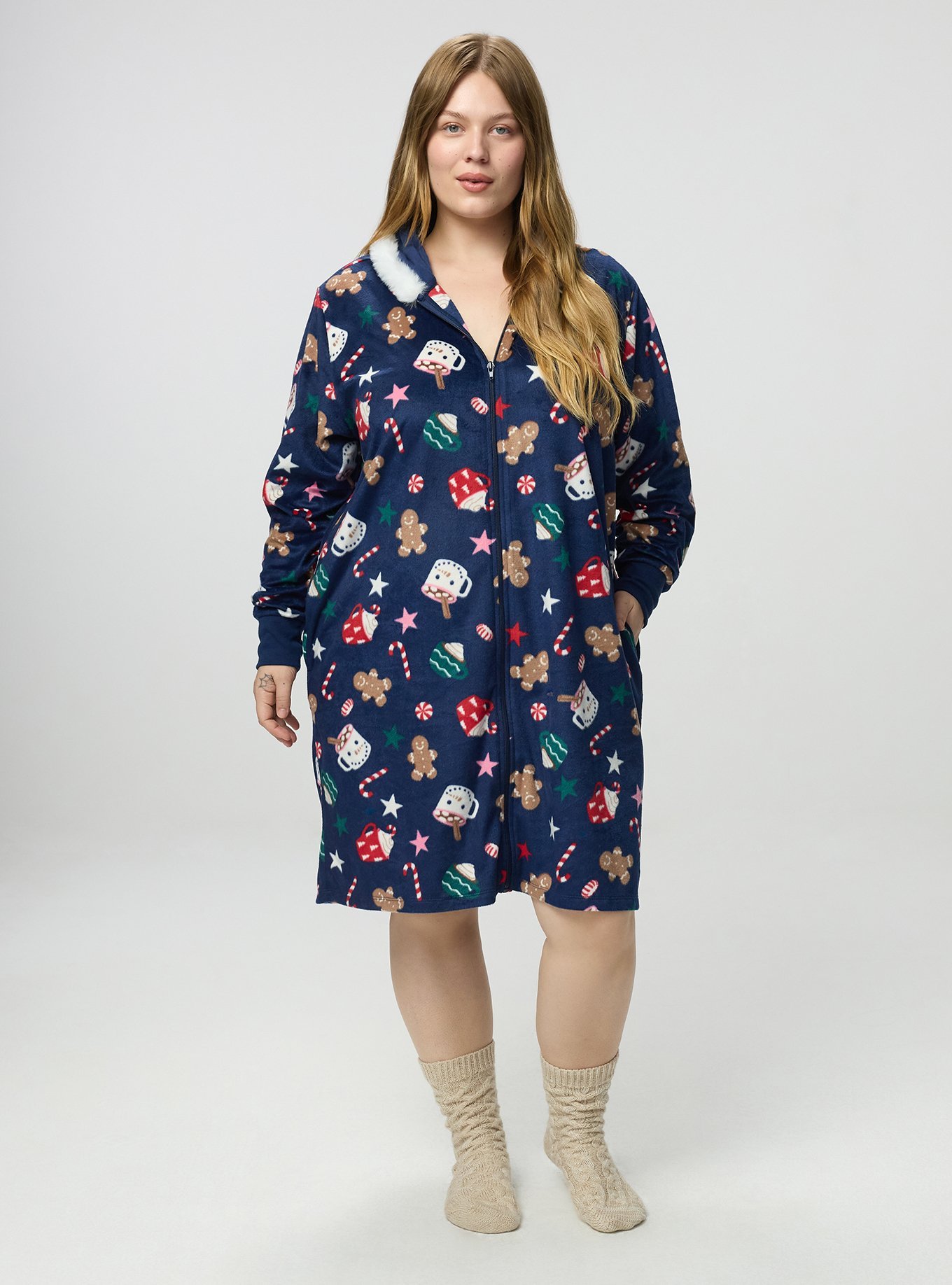 Fleece Zip-Up Lounge Dress, HOT COCO NAVY, alternate
