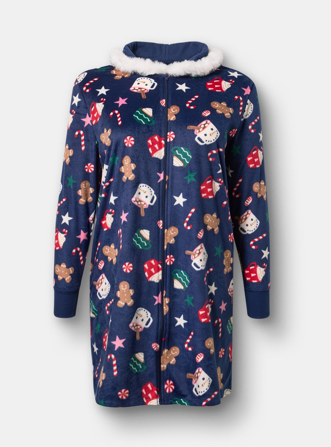 Fleece Zip-Up Lounge Dress, HOT COCO NAVY, flat