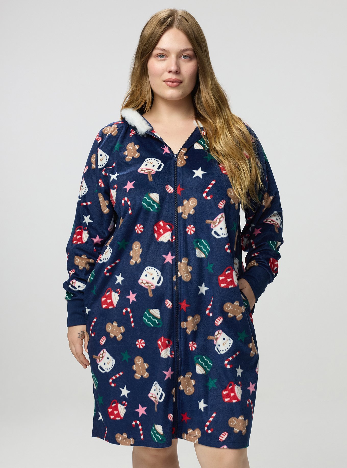 Fleece Zip-Up Lounge Dress, HOT COCO NAVY, hi-res