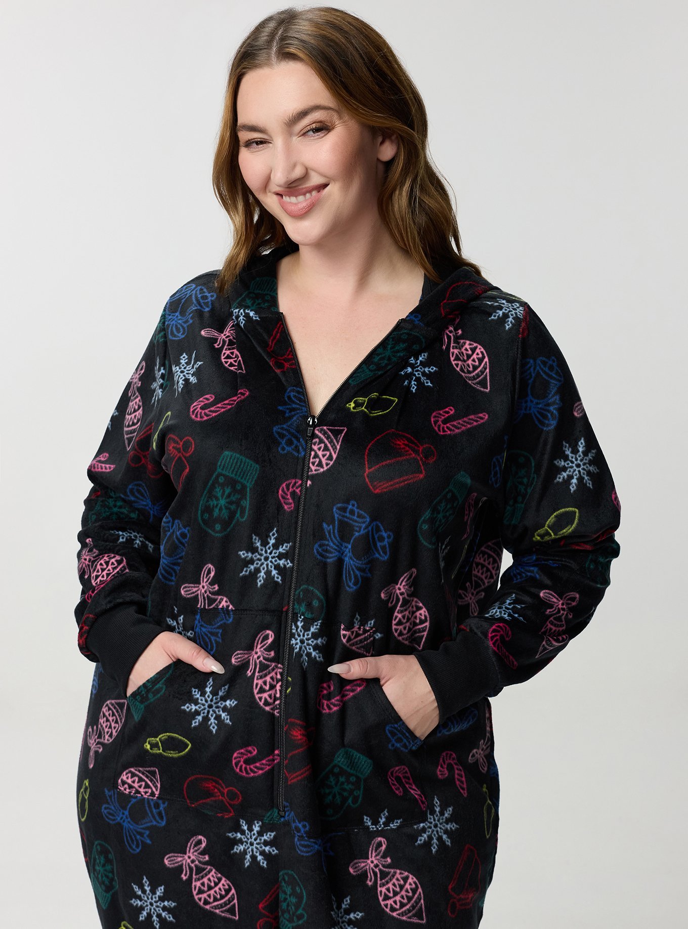 Pom Ears Fleece Lounge Onesie, CHRISTMAS THINGS MULTI, alternate