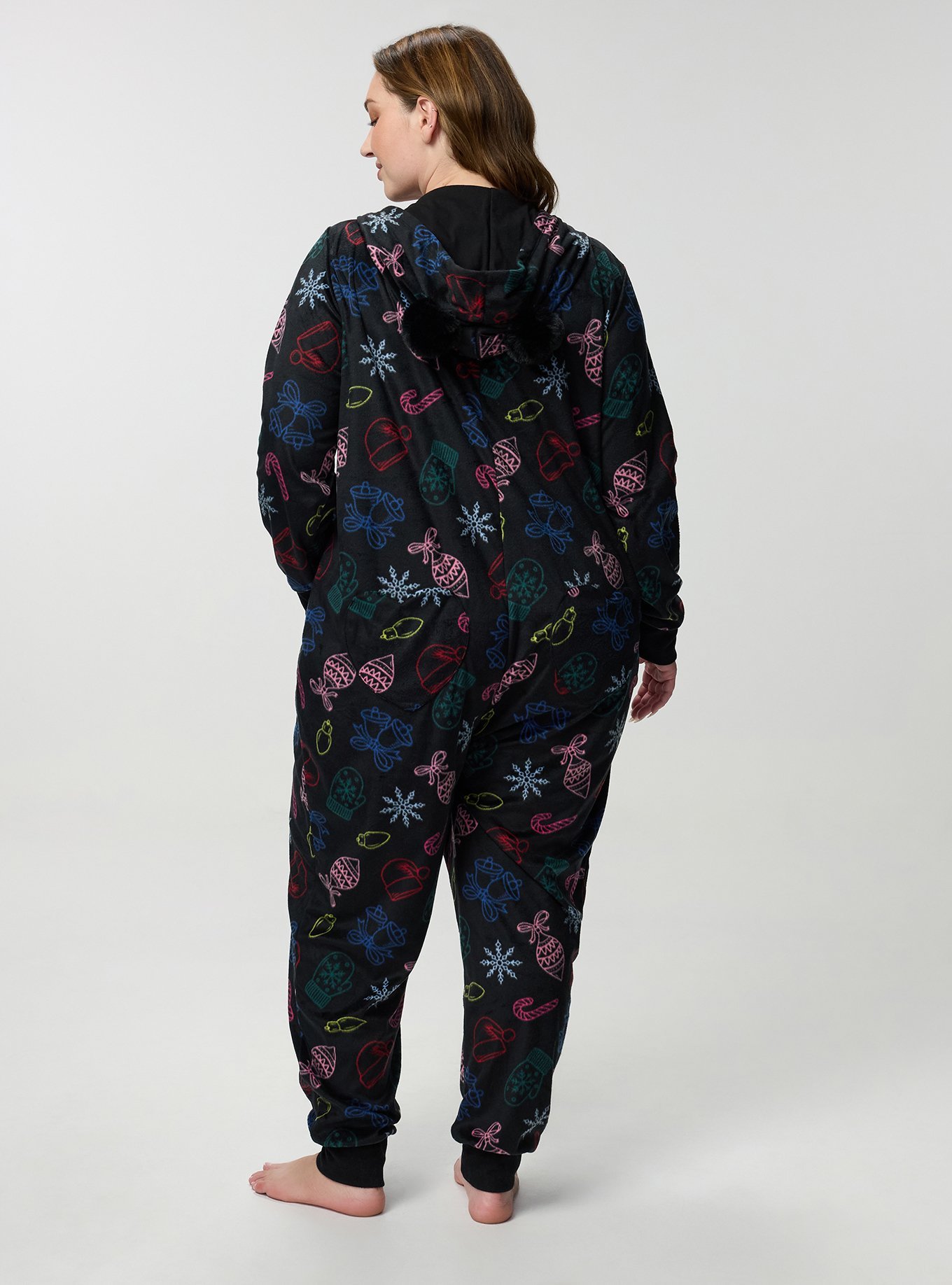 Pom Ears Fleece Lounge Onesie, CHRISTMAS THINGS MULTI, alternate