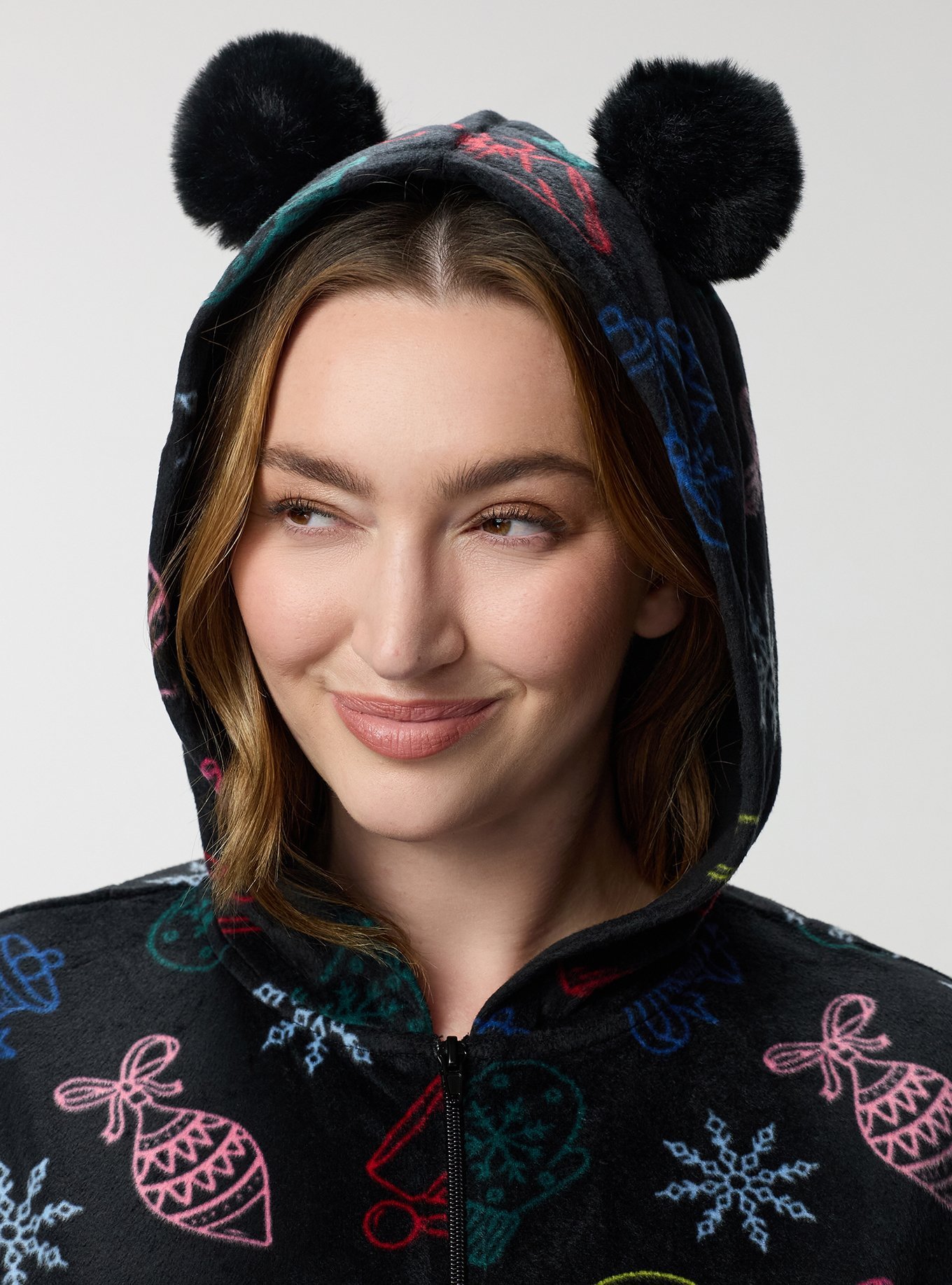 Pom Ears Fleece Lounge Onesie, CHRISTMAS THINGS MULTI, alternate