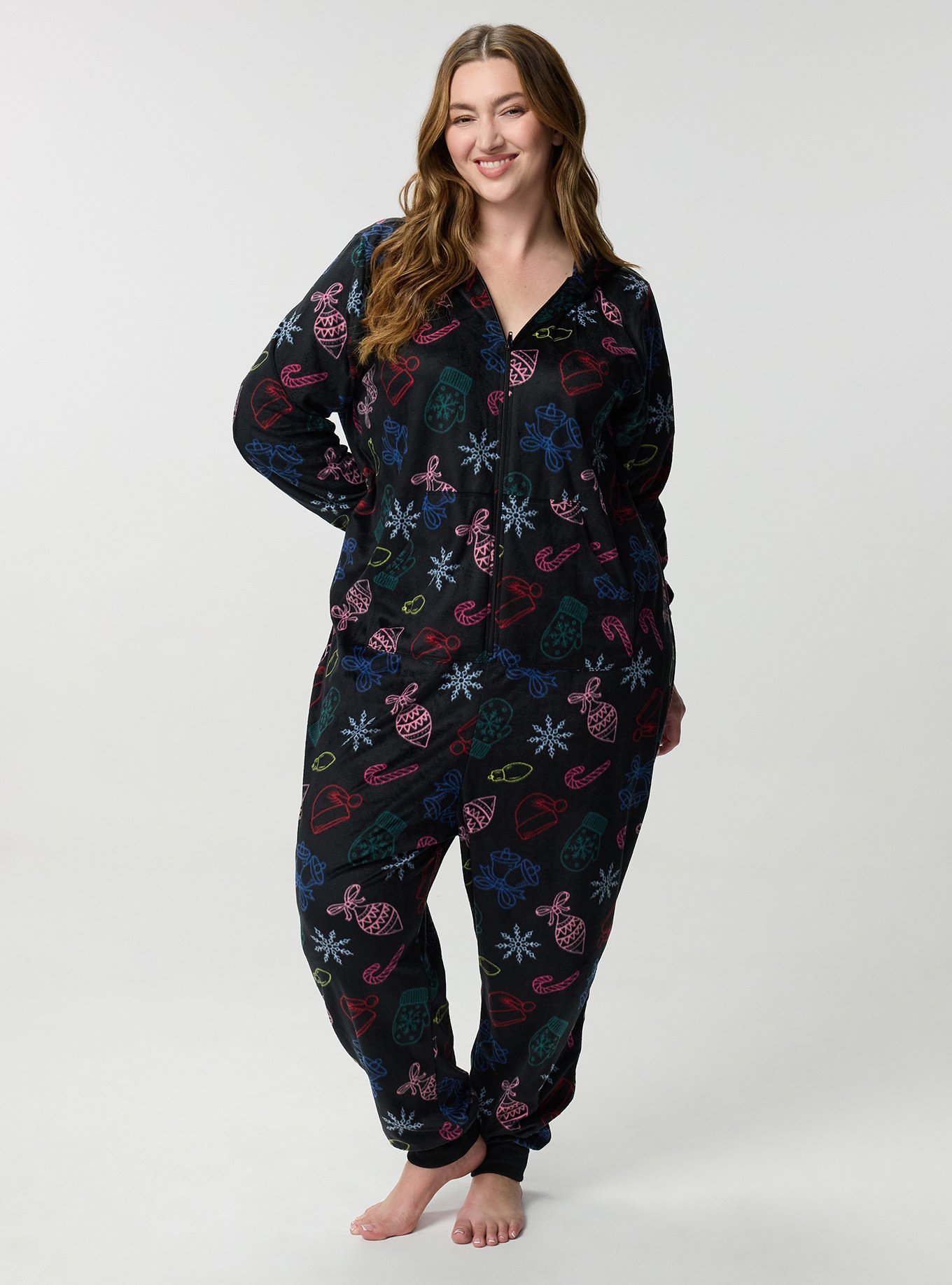 Pom Ears Fleece Lounge Onesie, CHRISTMAS THINGS MULTI, hi-res