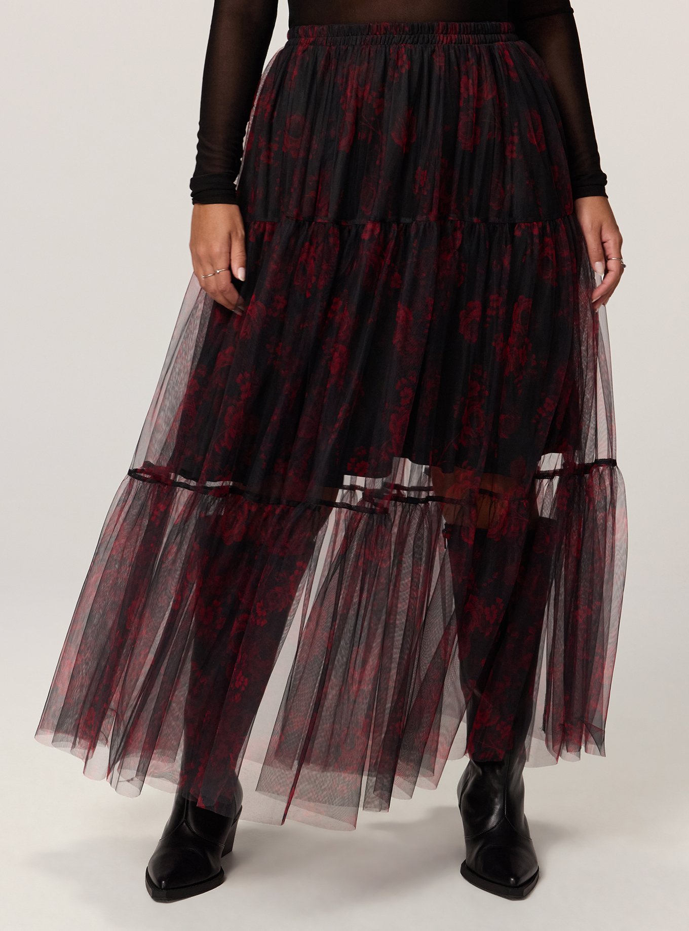 Plus Size Tiered Tulle Maxi Skirt, ROSETTA FLORAL CRIMSON, alternate