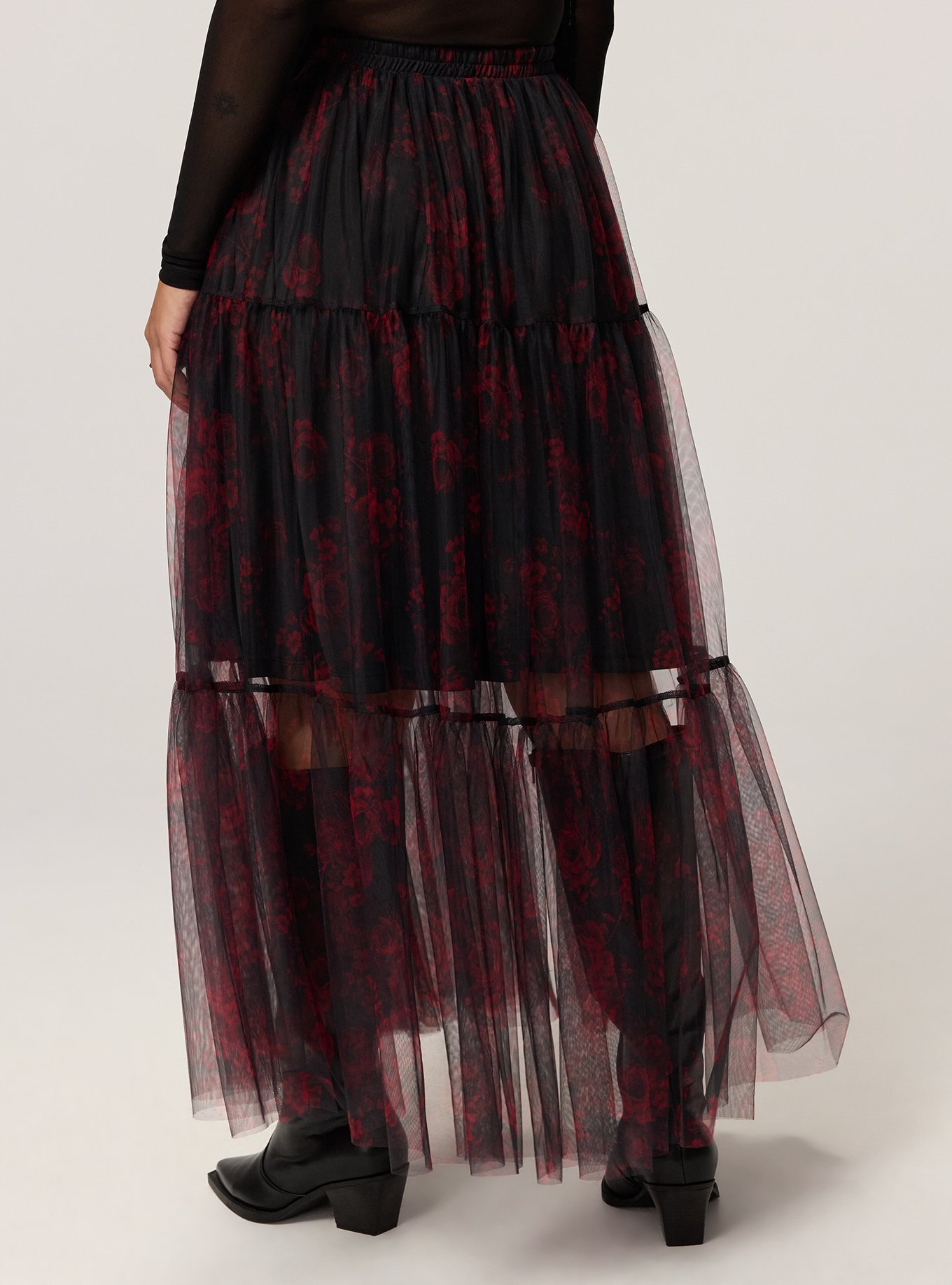 Plus Size Tiered Tulle Maxi Skirt, ROSETTA FLORAL CRIMSON, alternate