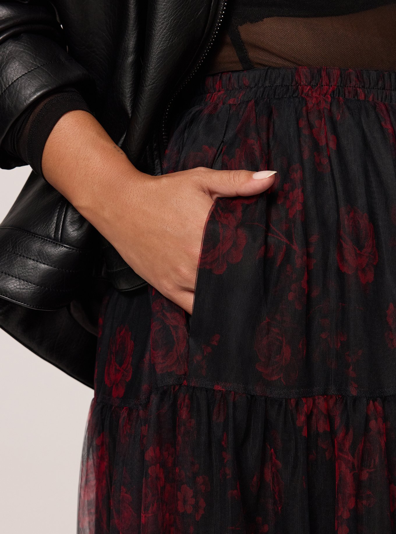 Plus Size Tiered Tulle Maxi Skirt, ROSETTA FLORAL CRIMSON, alternate