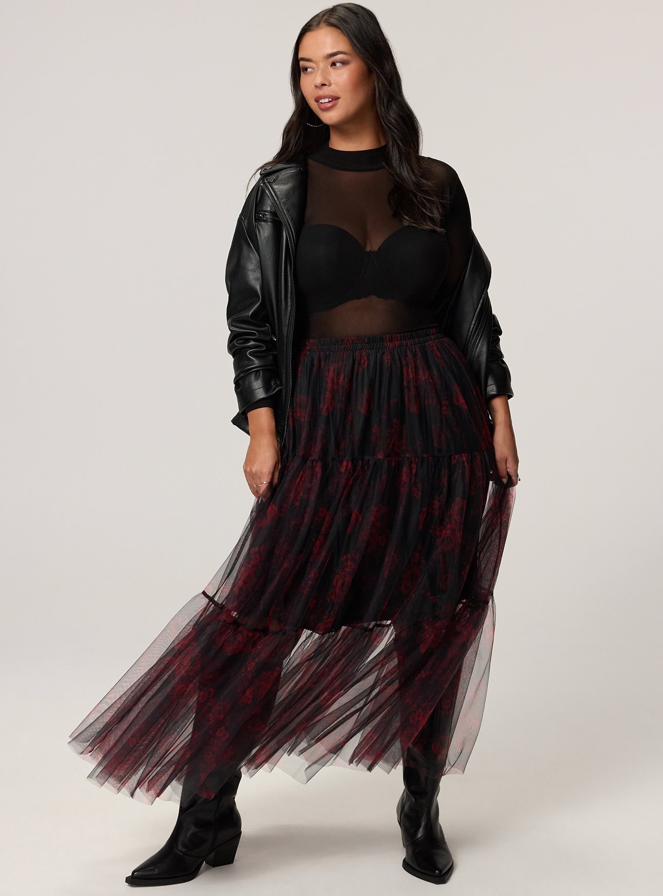 Plus Size Tiered Tulle Maxi Skirt, ROSETTA FLORAL CRIMSON, alternate