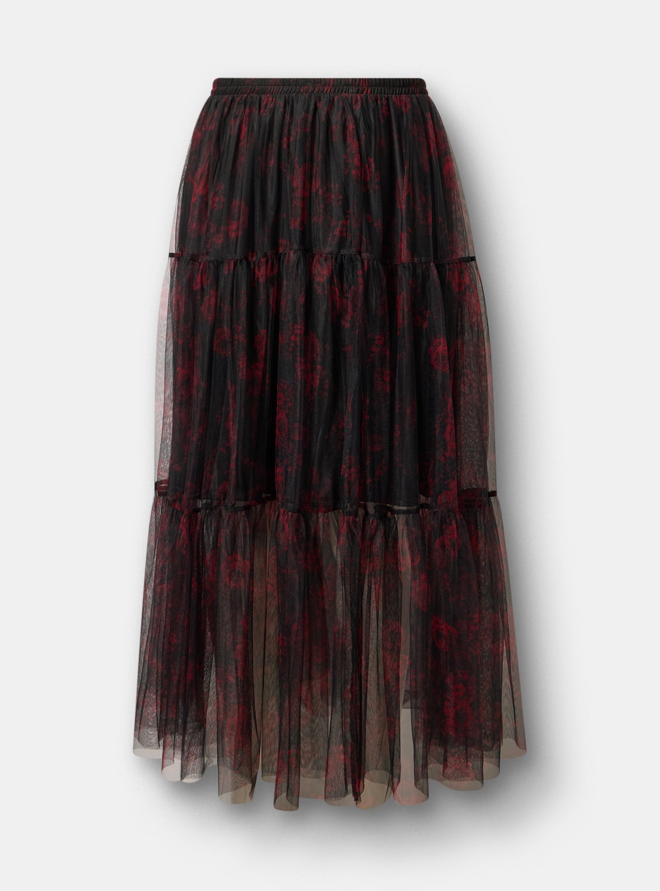 Plus Size Tiered Tulle Maxi Skirt, ROSETTA FLORAL CRIMSON, flat