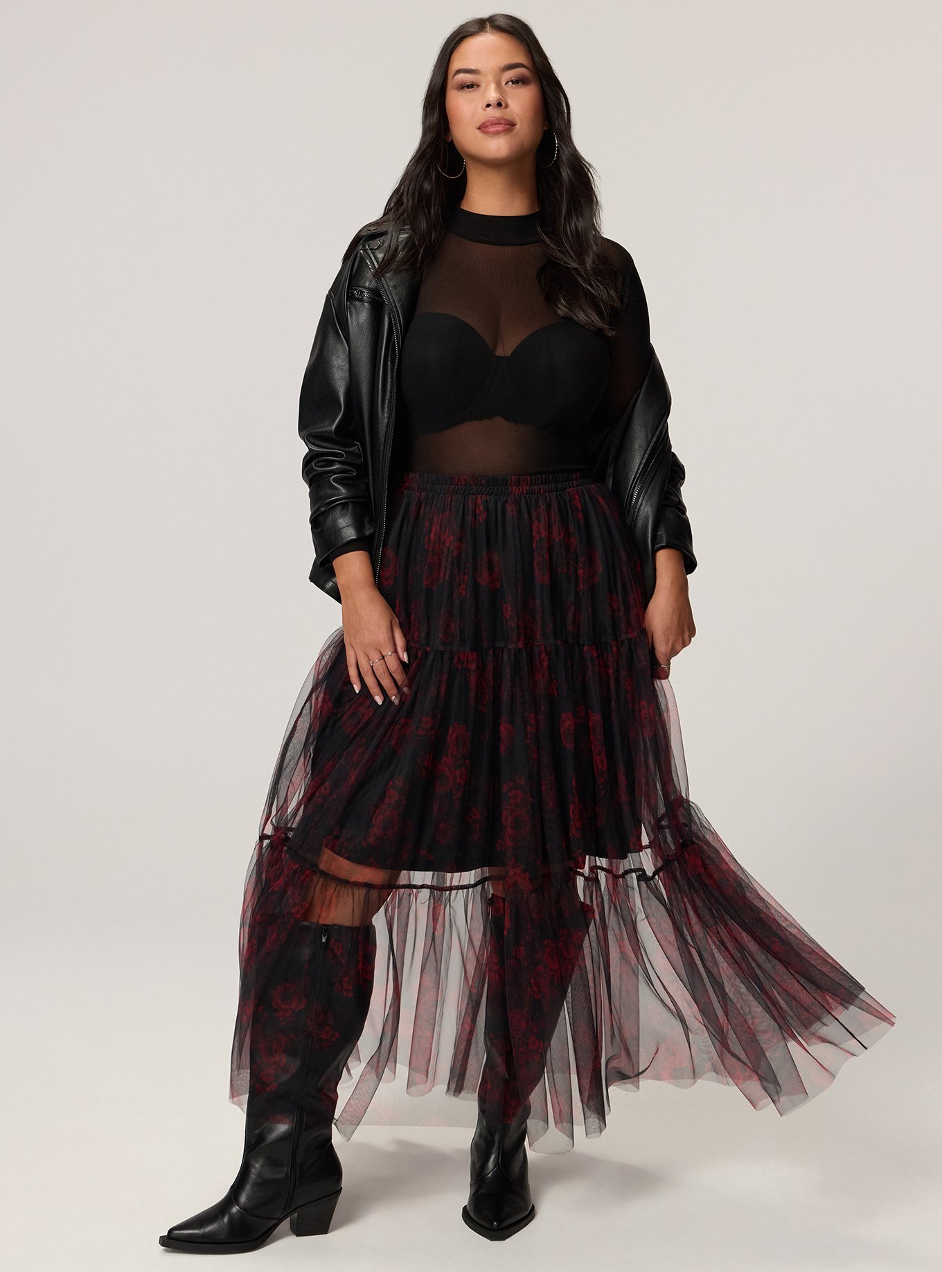 Plus Size Tiered Tulle Maxi Skirt, ROSETTA FLORAL CRIMSON, hi-res