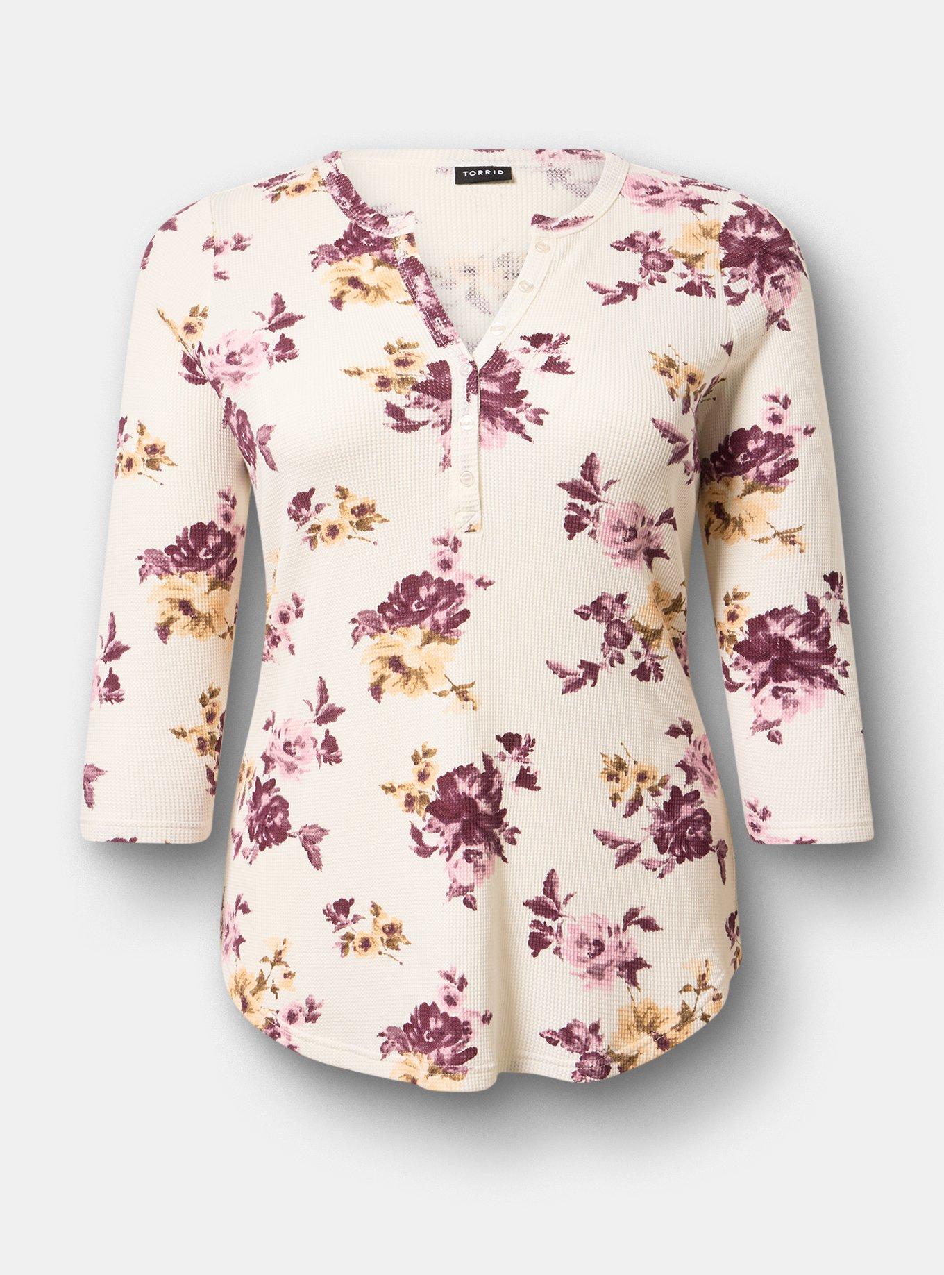 Thermal Henley Top, ROSEY LIGHT FLORAL IVORY, flat