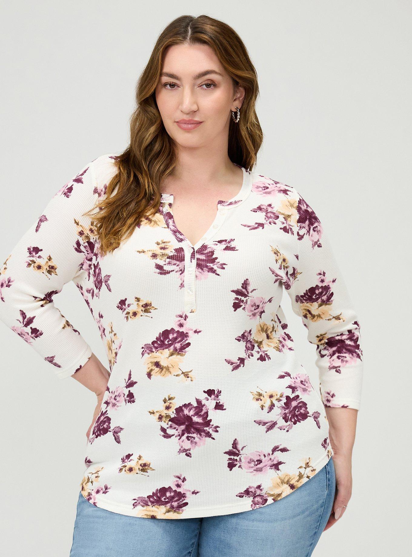 Thermal Henley Top, ROSEY LIGHT FLORAL IVORY, hi-res