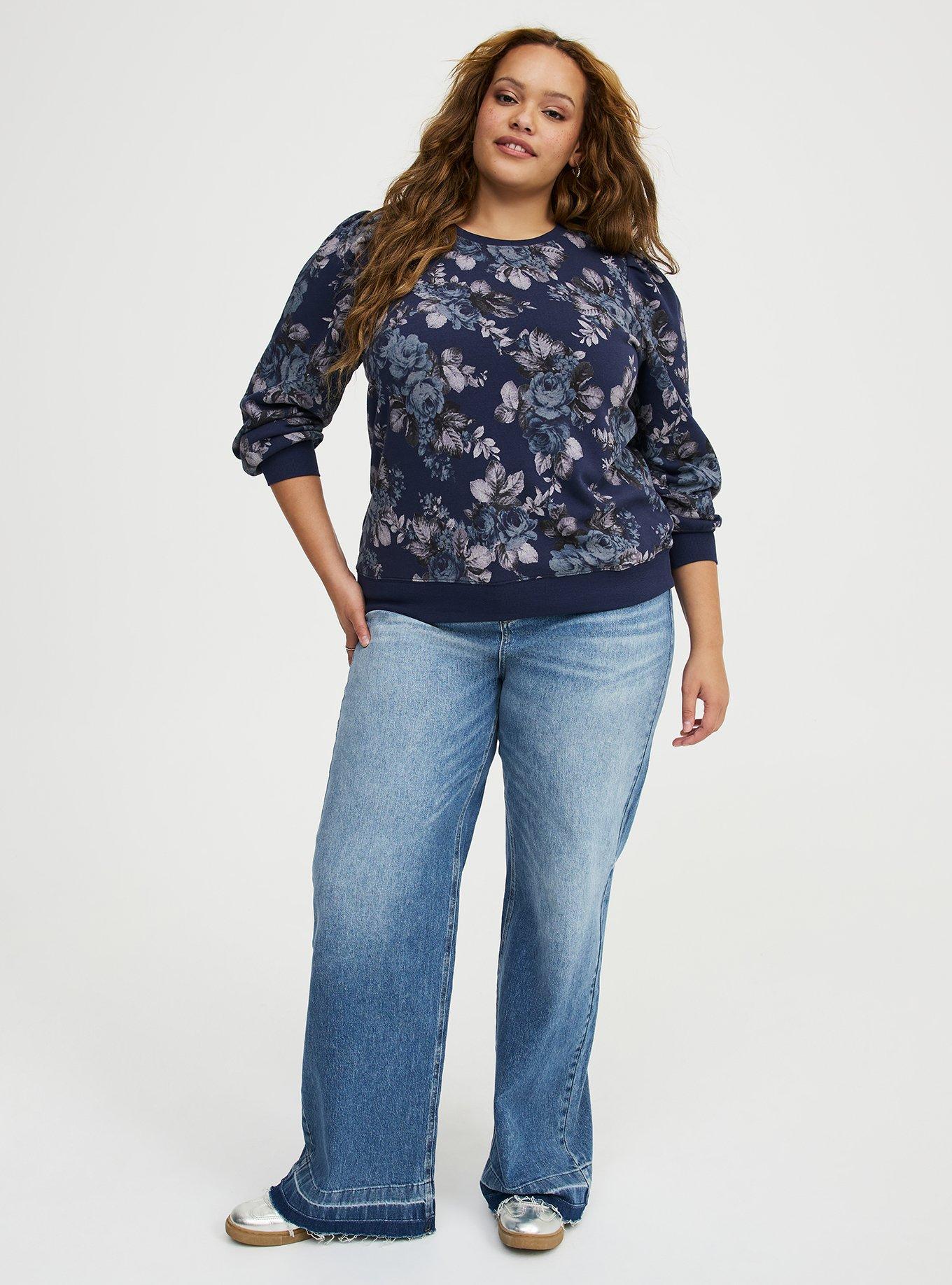 Cozy Fleece Pleated Sweatshirt, MOUNTAIN ROSES FLORAL NAVY, alternate