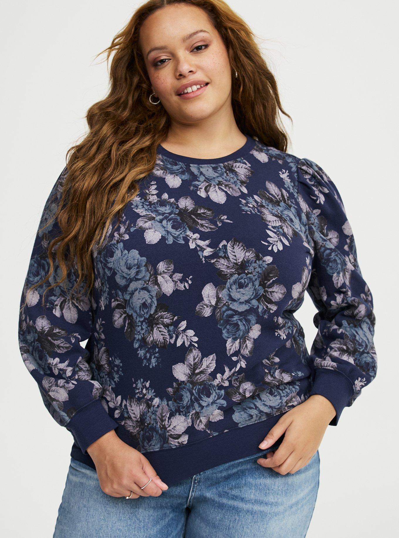 Cozy Fleece Pleated Sweatshirt, MOUNTAIN ROSES FLORAL NAVY, alternate