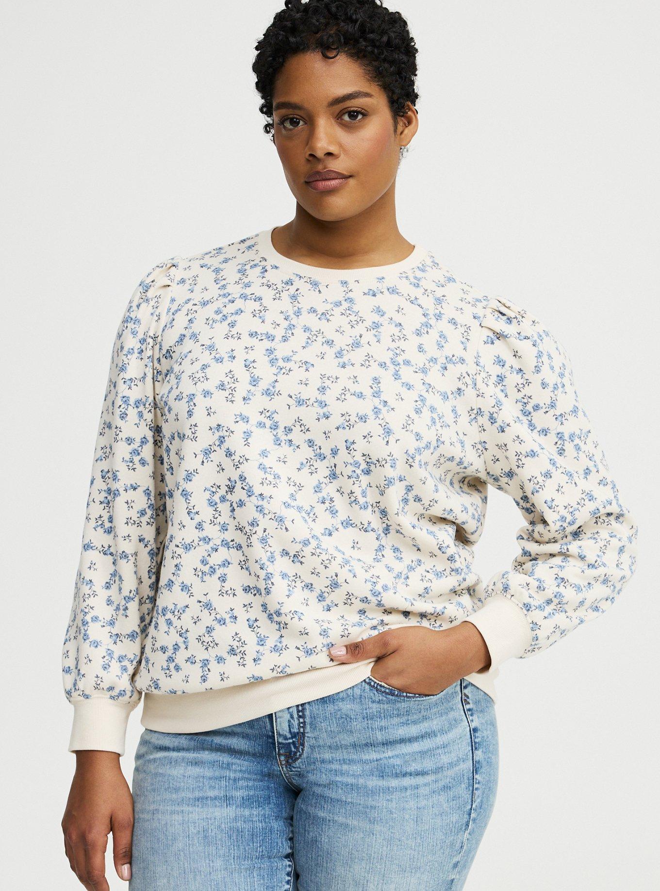 Cozy Fleece Pleated Sweatshirt, RENA DITSY FLORAL CREAM, alternate