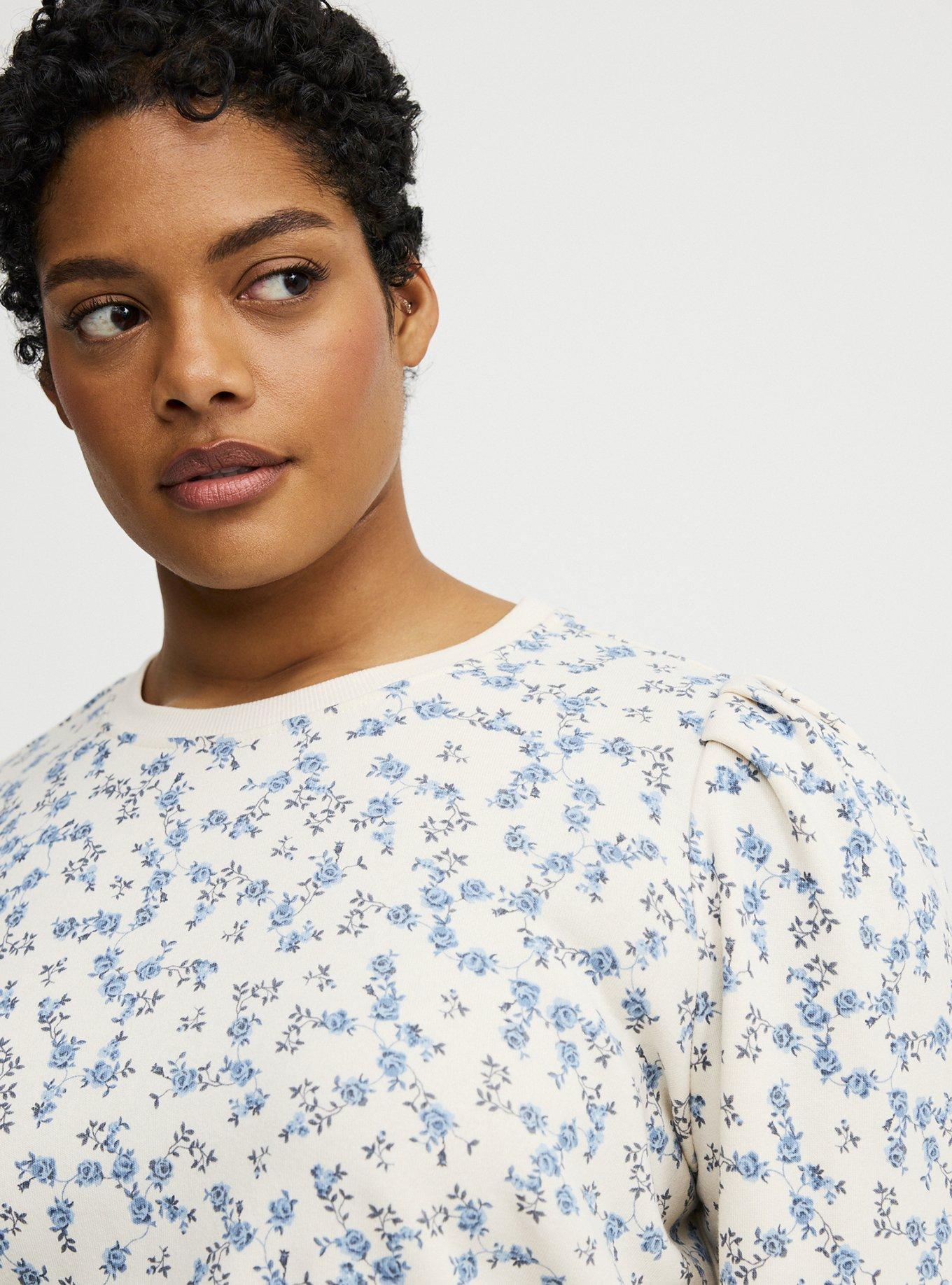 Cozy Fleece Pleated Sweatshirt, RENA DITSY FLORAL CREAM, alternate