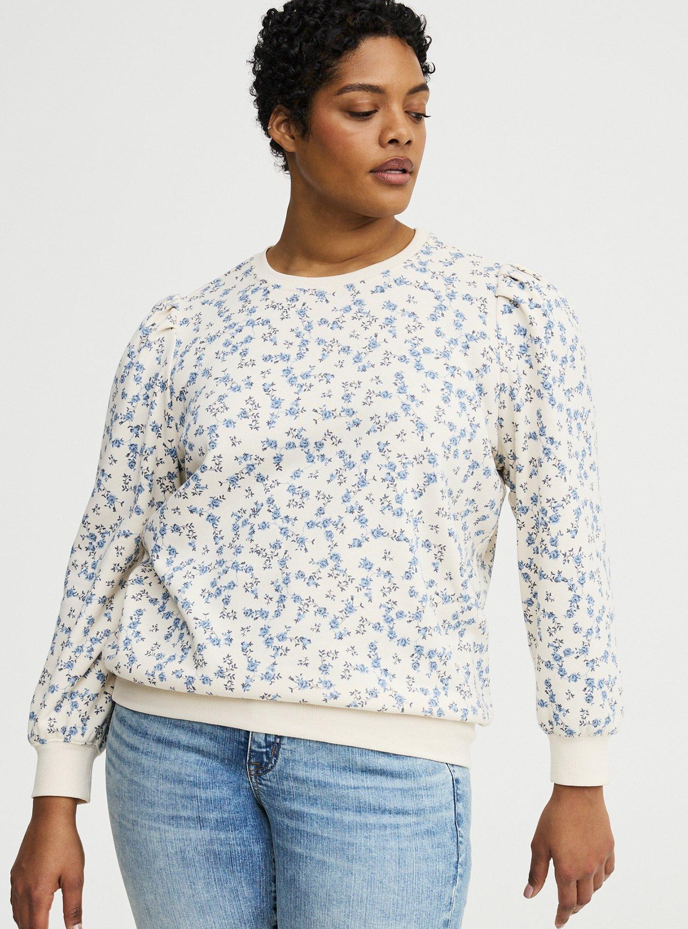 Plus Size Cozy Fleece Pleated Sweatshirt, RENA DITSY FLORAL CREAM, hi-res