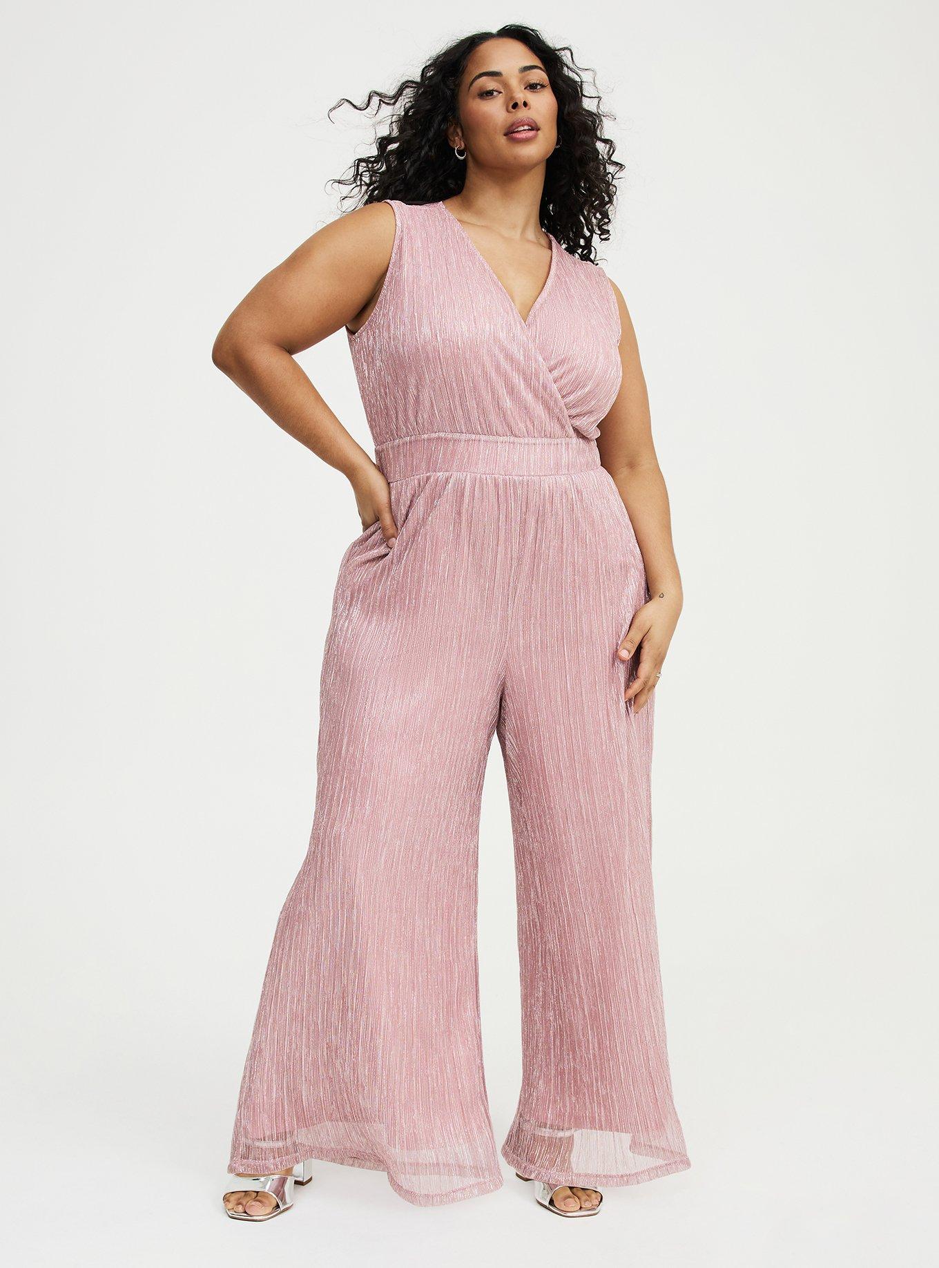Glitter Knit Surplice Wide Leg Jumpsuit, METALLIC MAUVE, hi-res