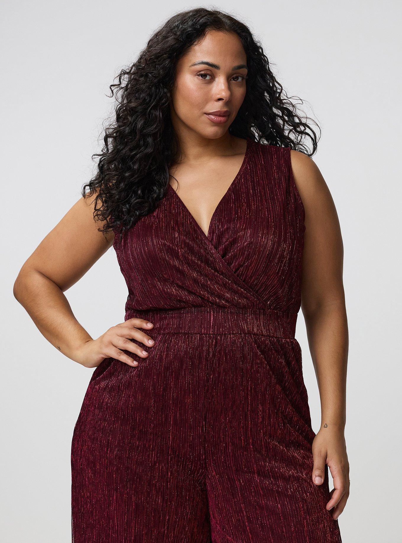 Glitter Knit Surplice Wide Leg Jumpsuit, BLACK/RED PLISSE C#13, alternate
