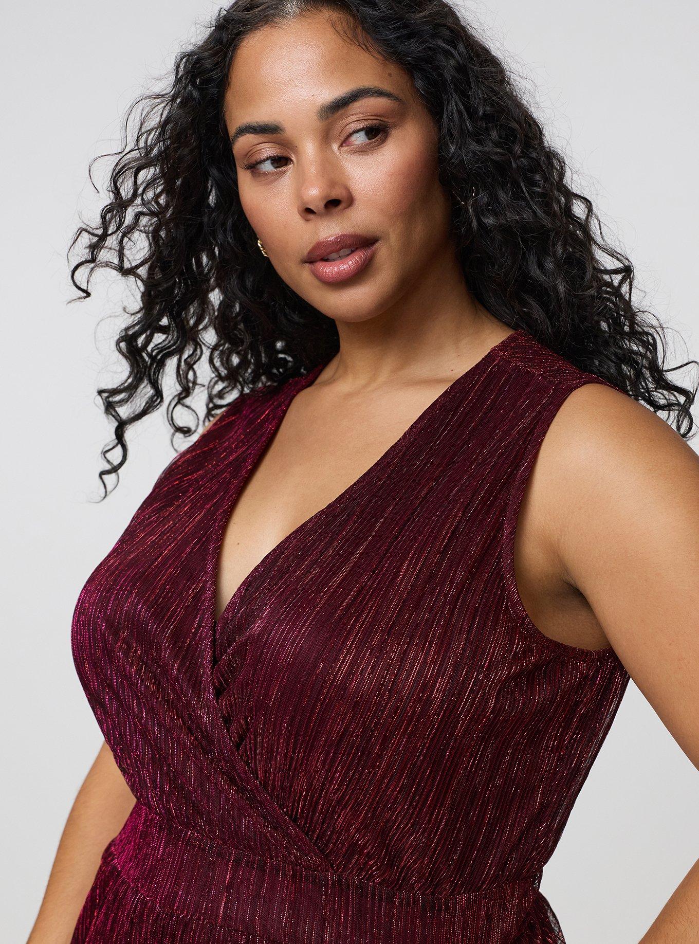 Glitter Knit Surplice Wide Leg Jumpsuit, BLACK/RED PLISSE C#13, alternate