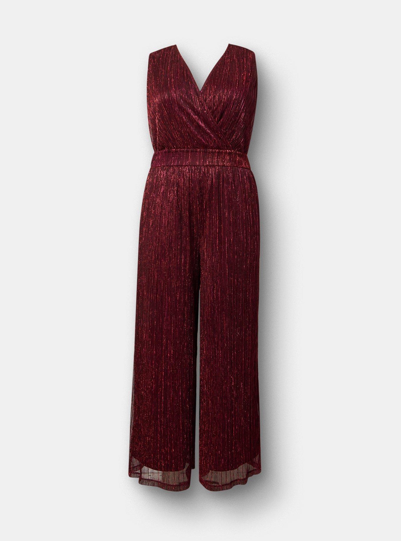 Glitter Knit Surplice Wide Leg Jumpsuit, BLACK/RED PLISSE C#13, flat