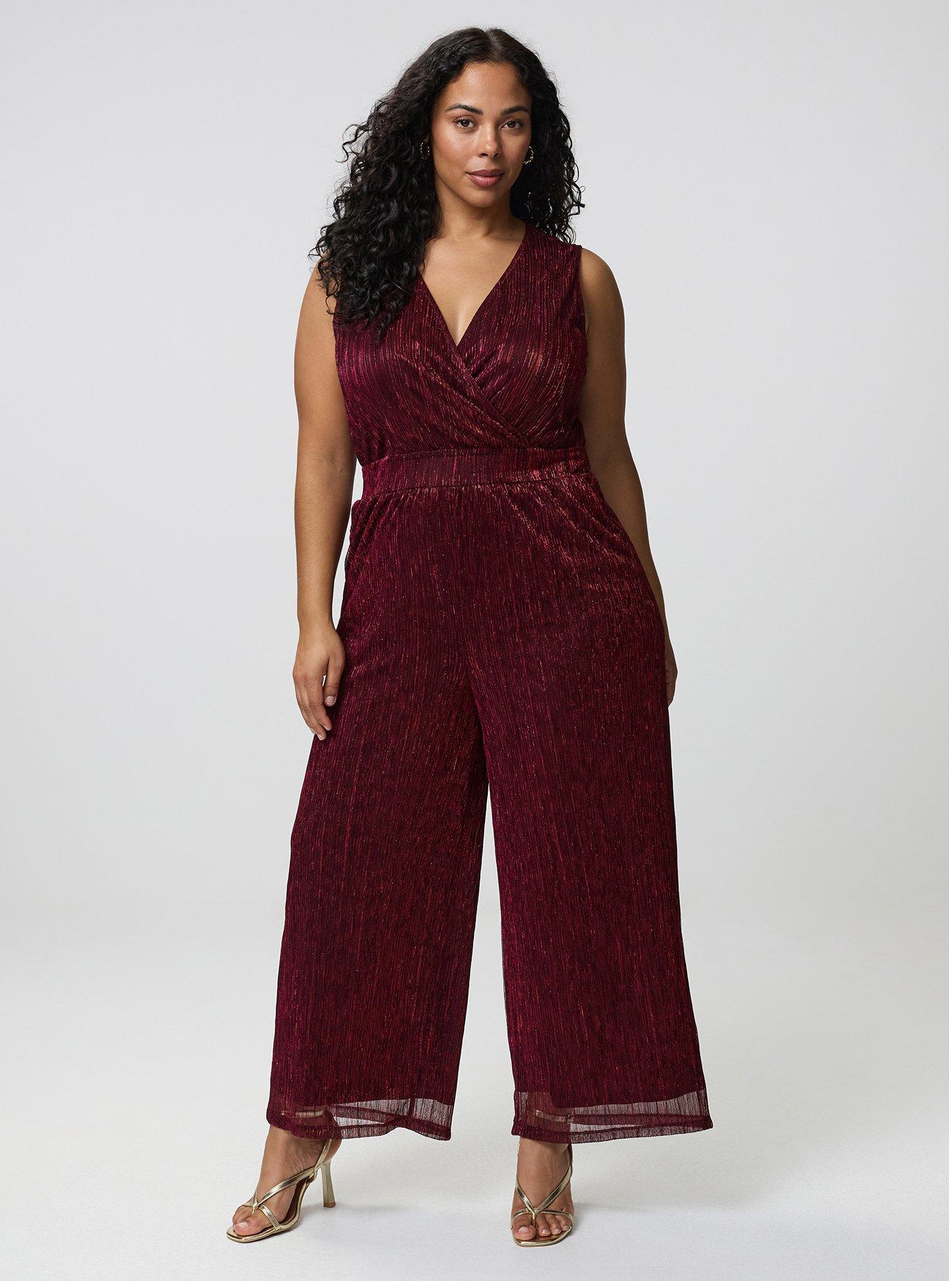 Glitter Knit Surplice Wide Leg Jumpsuit, BLACK/RED PLISSE C#13, hi-res