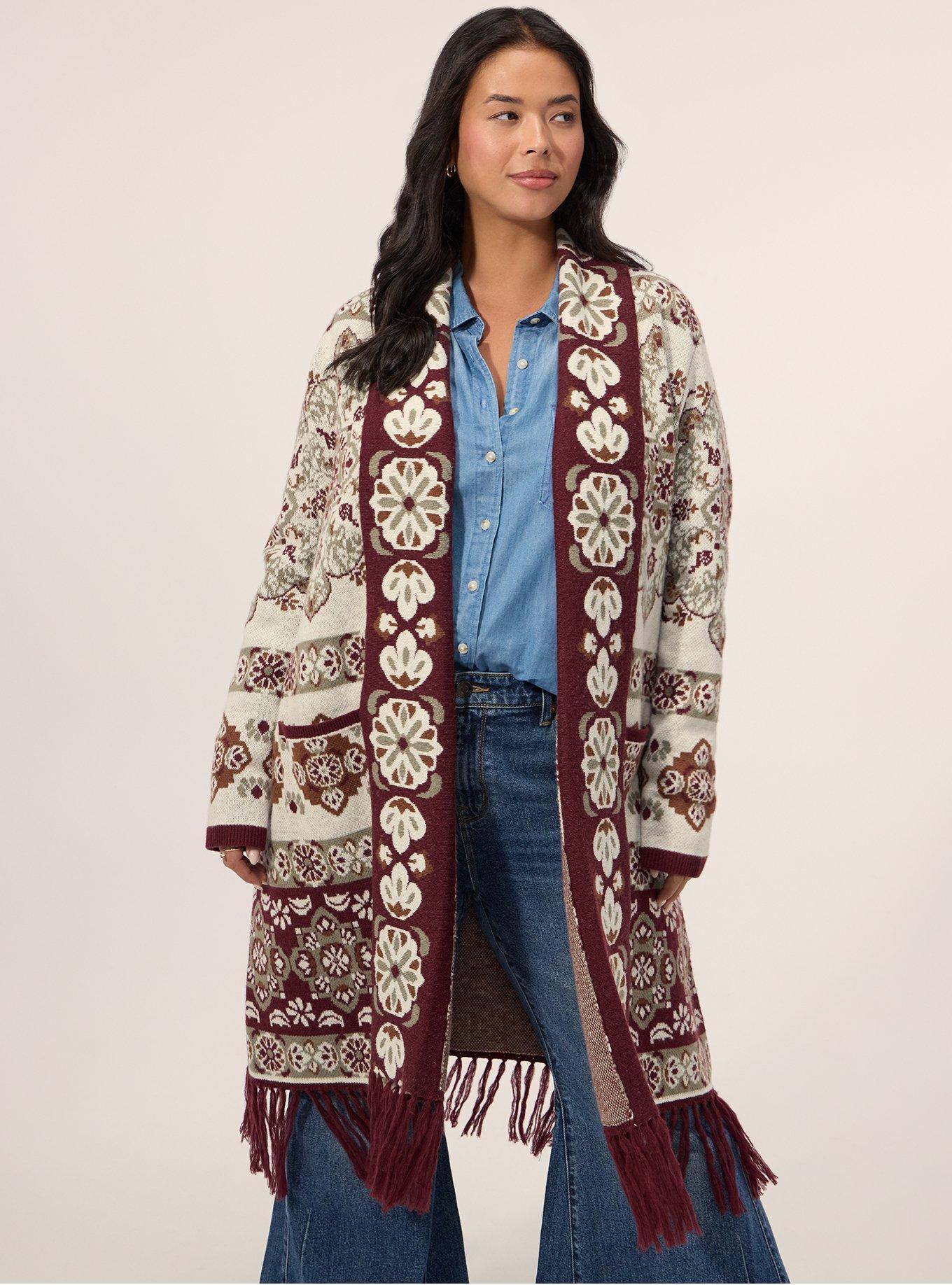 Plus Size Festi Fringe Cardigan, SHANDI MEDALLION ARTWORK 1 NEW, alternate
