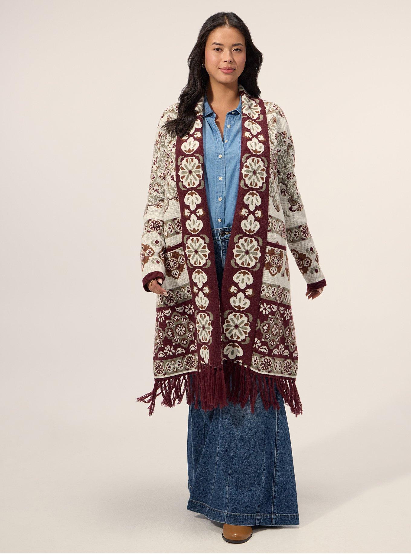 Plus Size Festi Fringe Cardigan, SHANDI MEDALLION ARTWORK 1 NEW, hi-res