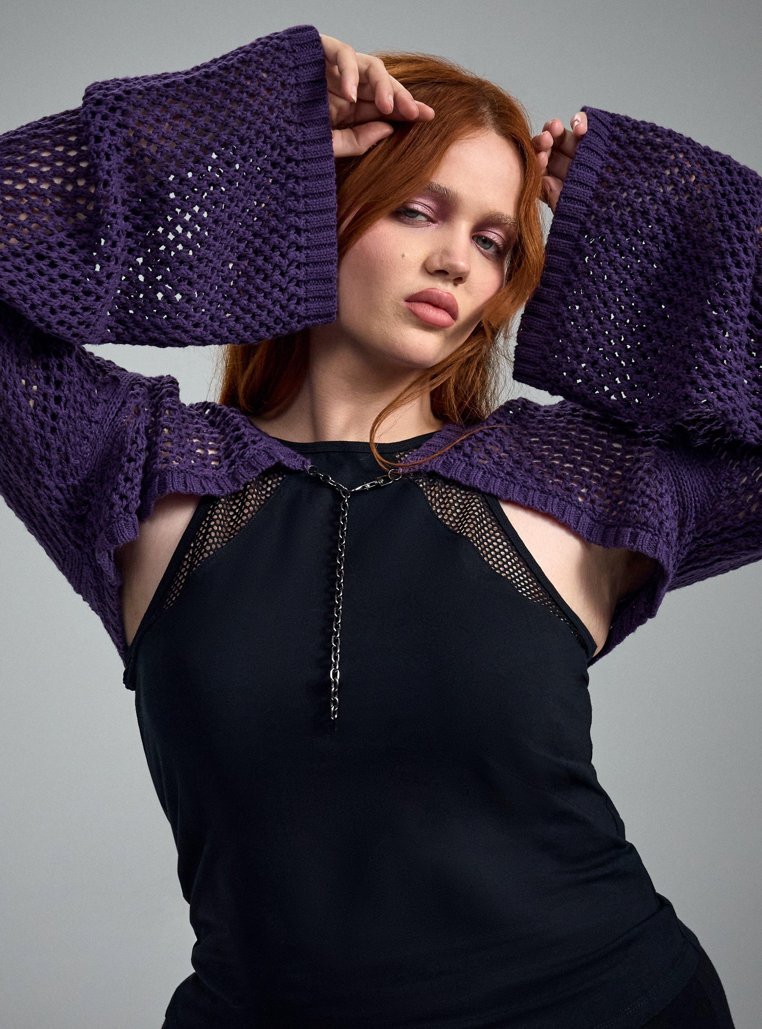 Nightfall Chain Detail Crop Cardigan, GOTHIC GRAPE, alternate