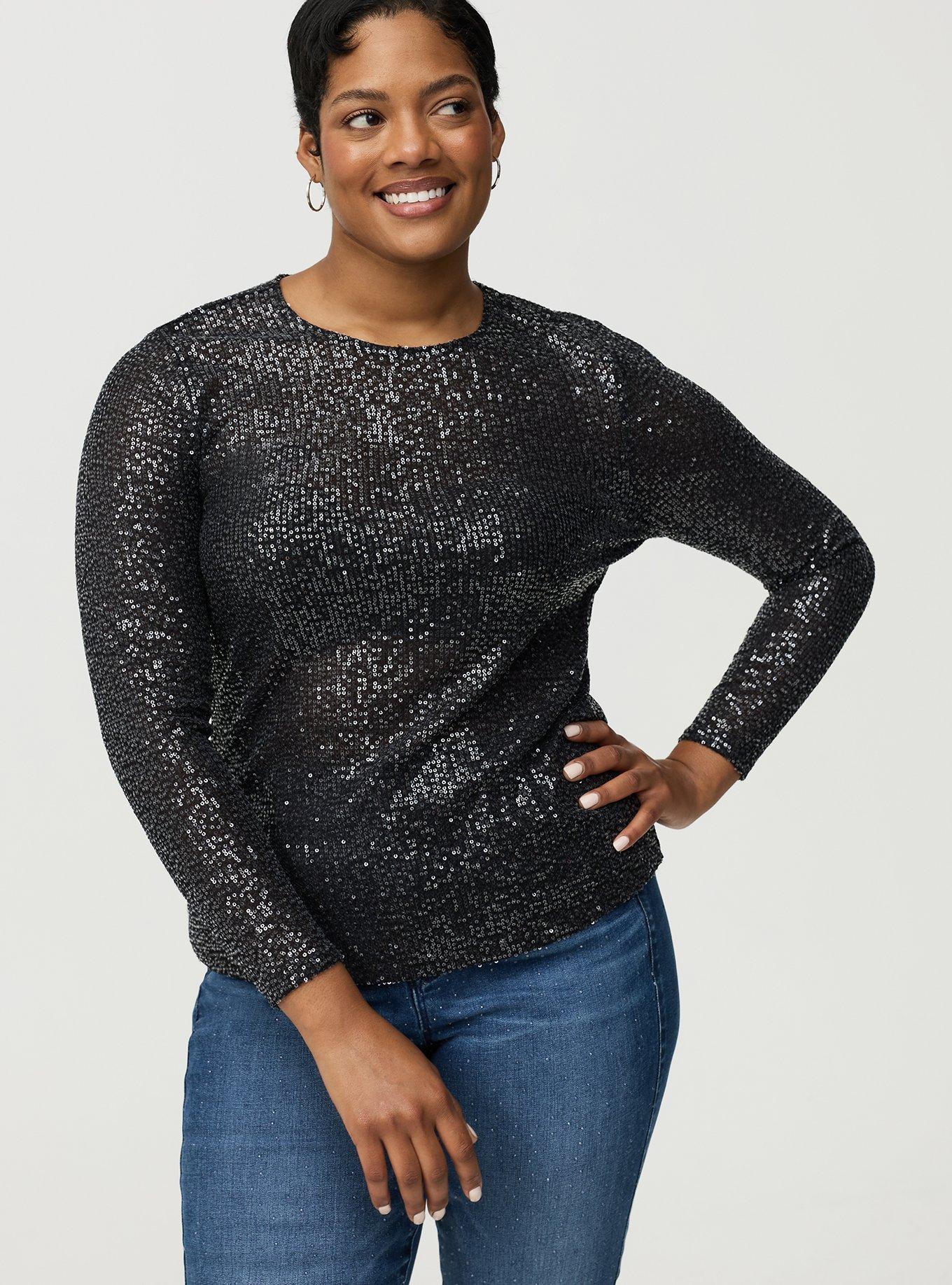 Sequin & Mesh Long Sleeve Top, DEEP BLACK, hi-res