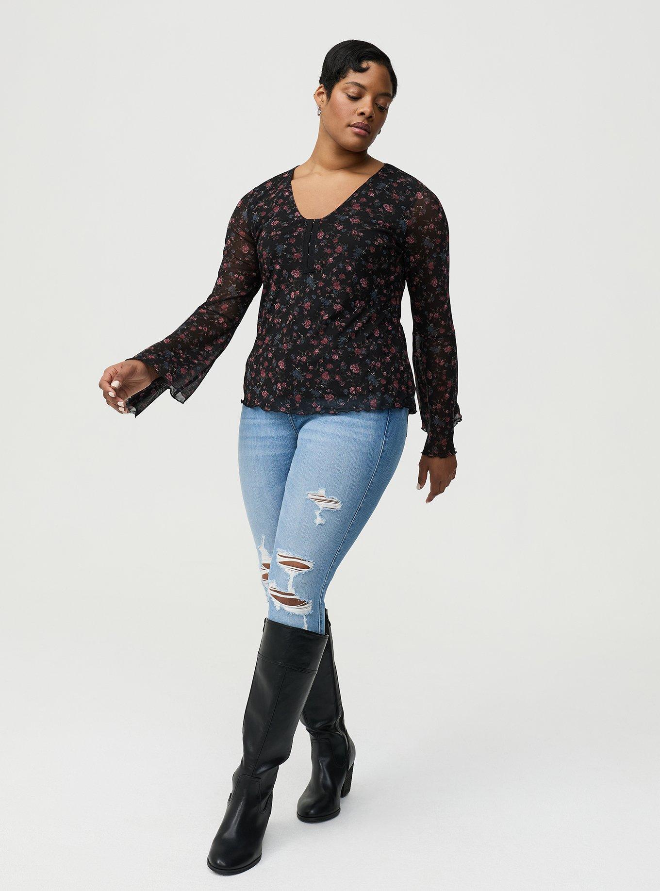 Stretch Mesh V-Neck Bell Sleeve Top