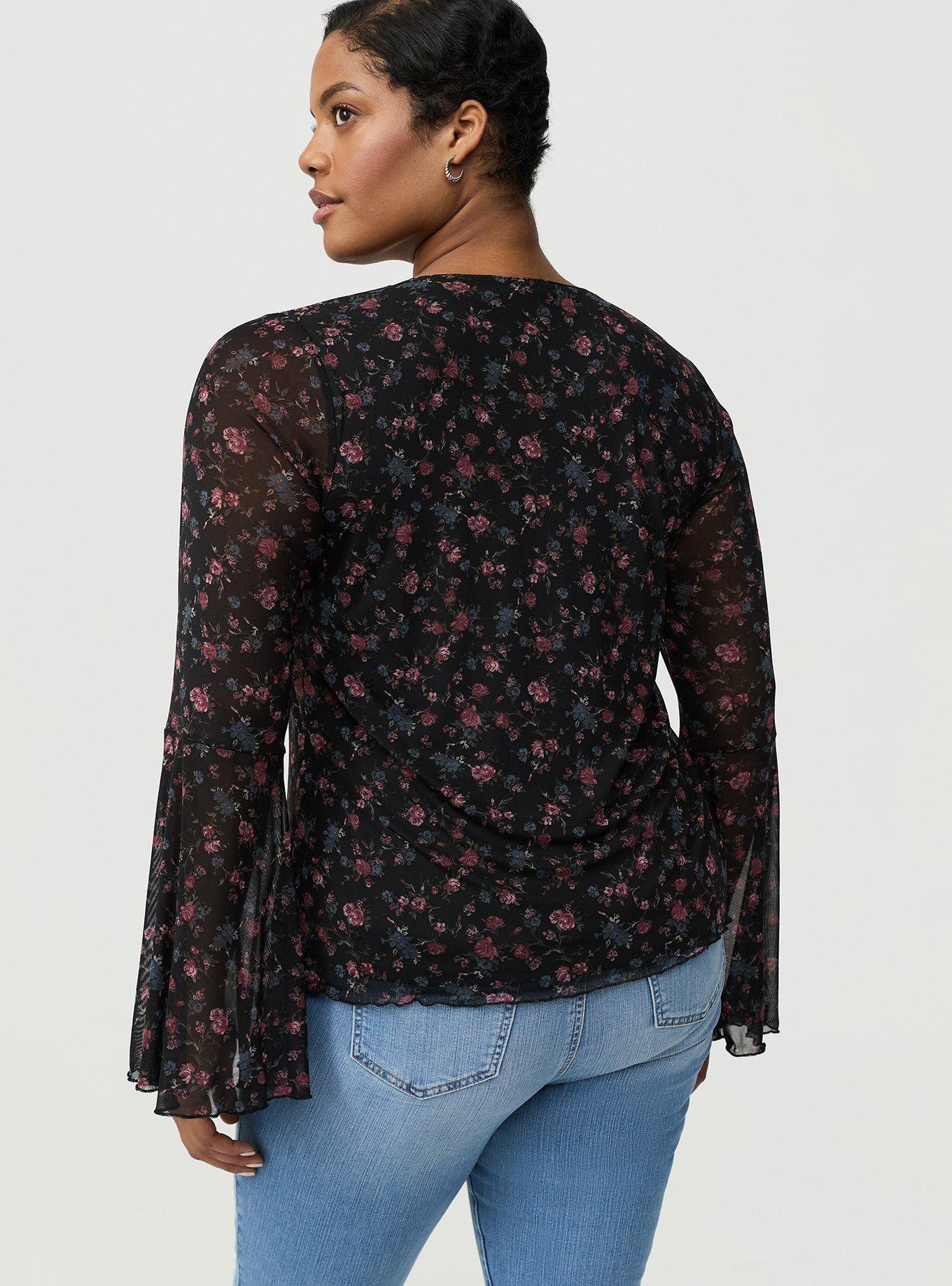 Stretch Mesh V-Neck Bell Sleeve Top