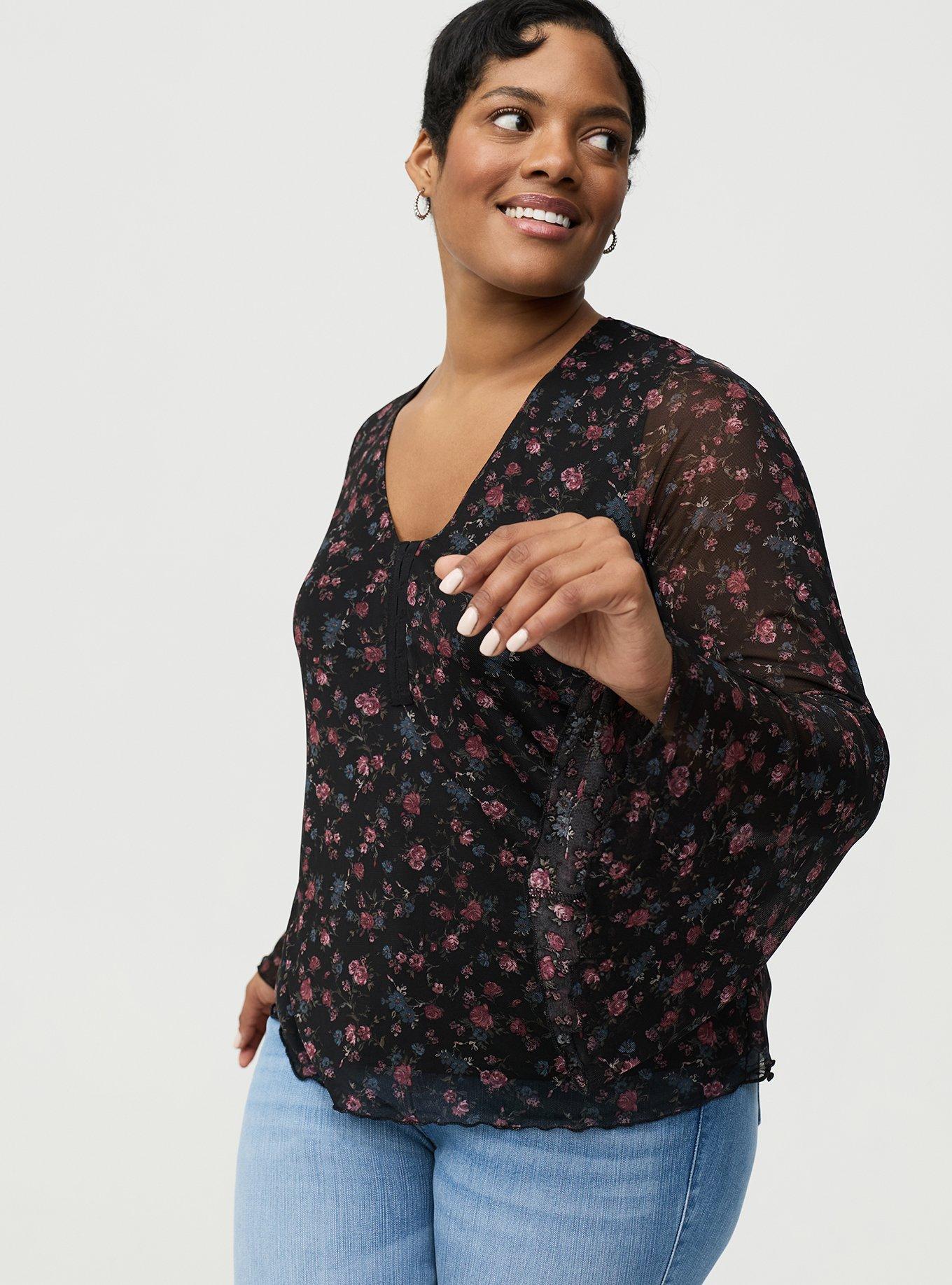 Stretch Mesh V-Neck Bell Sleeve Top