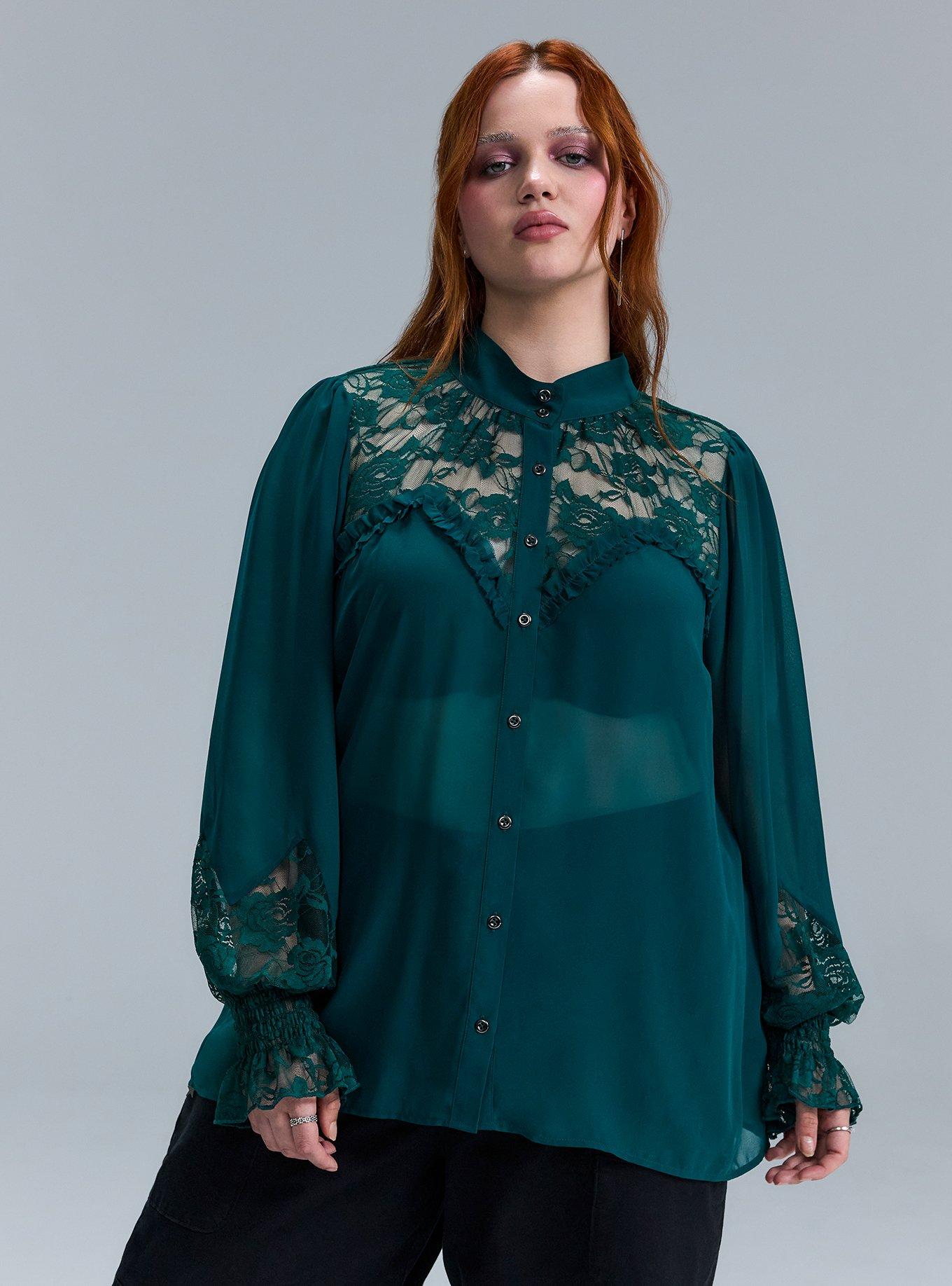 Nightfall Lace Detail Button Up Top, BOTANICAL GARDEN, hi-res