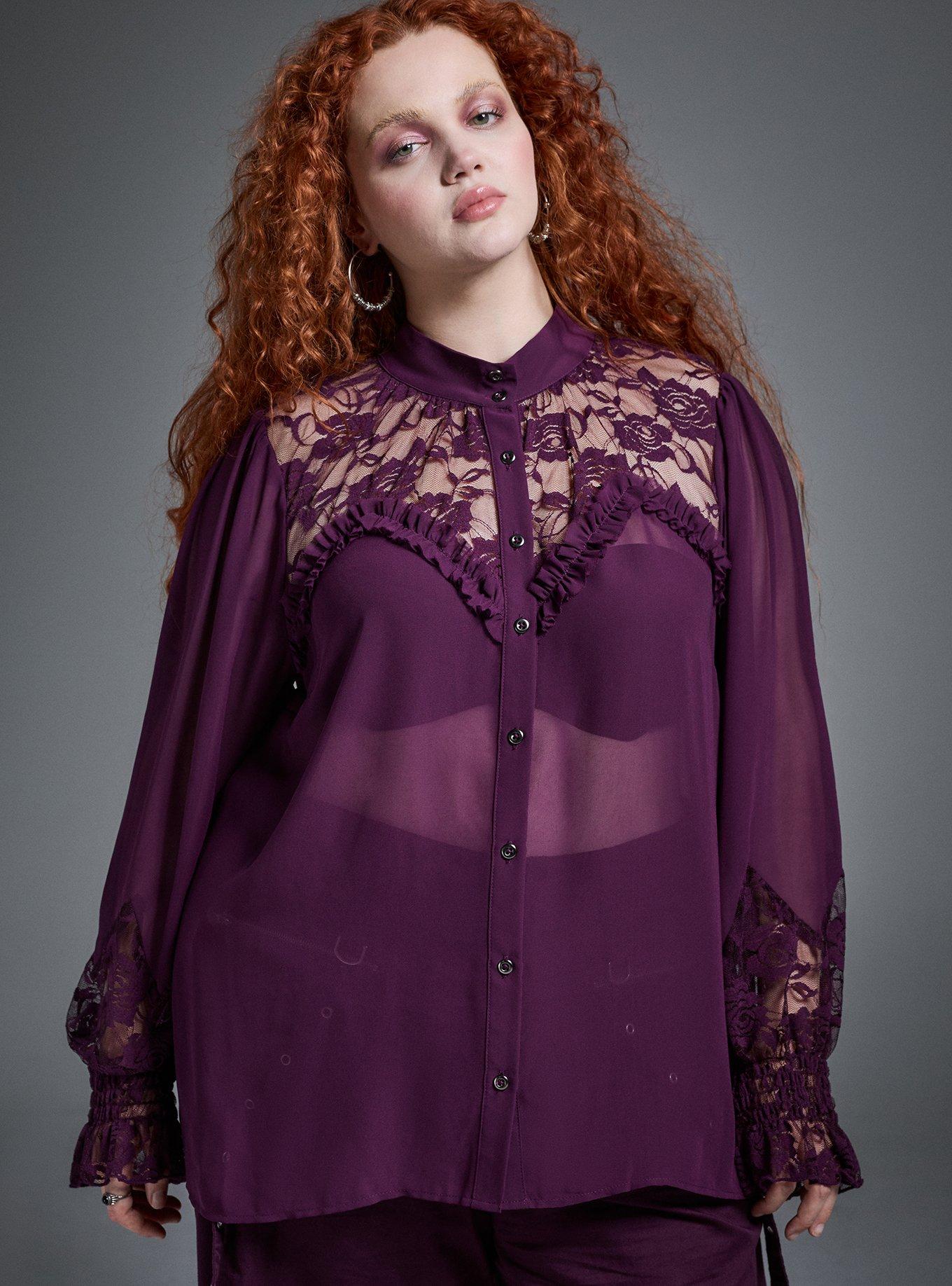 Nightfall Lace Detail Button Up Top, POTENT PURPLE, alternate