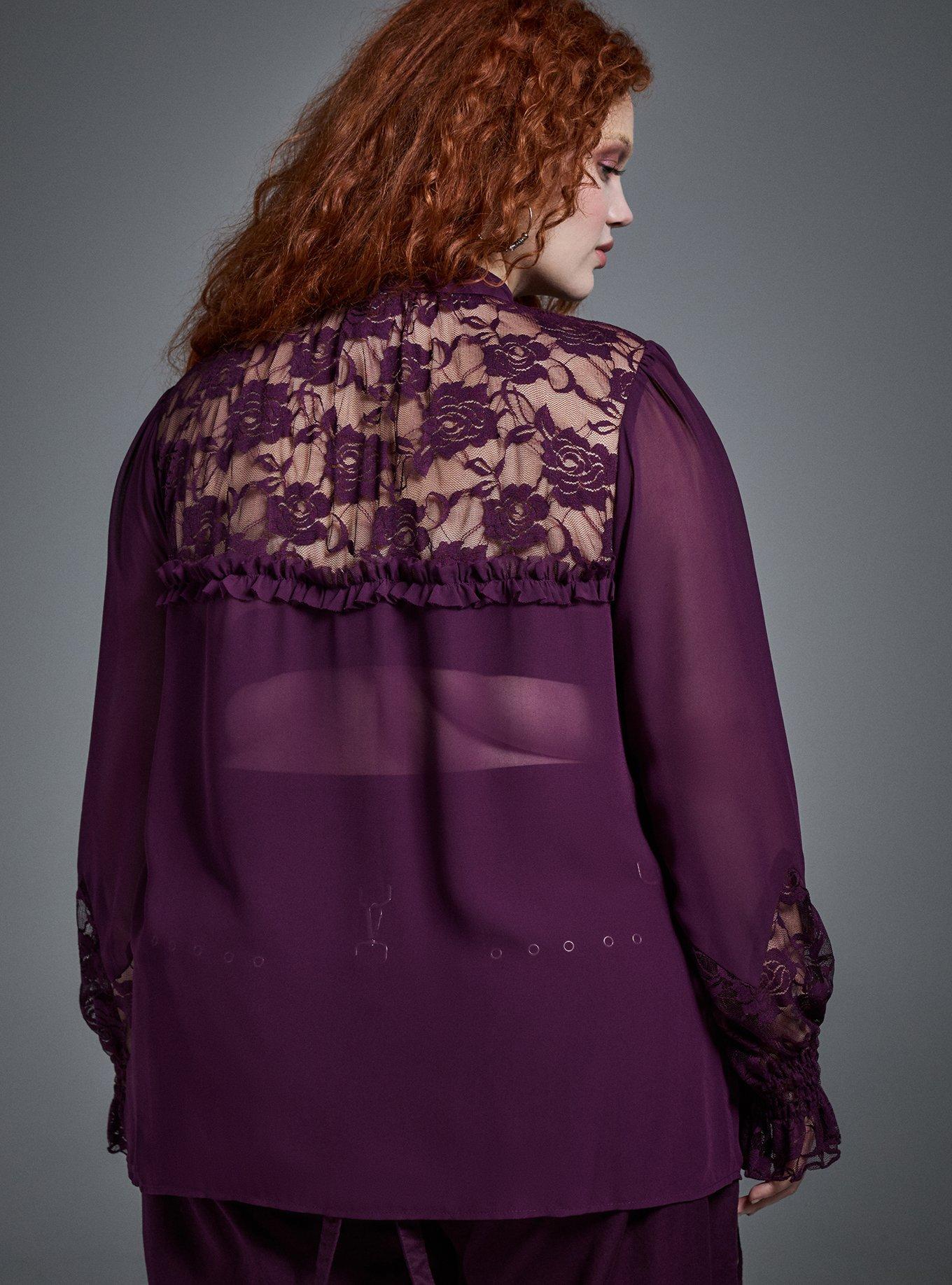 Nightfall Lace Detail Button Up Top, POTENT PURPLE, alternate