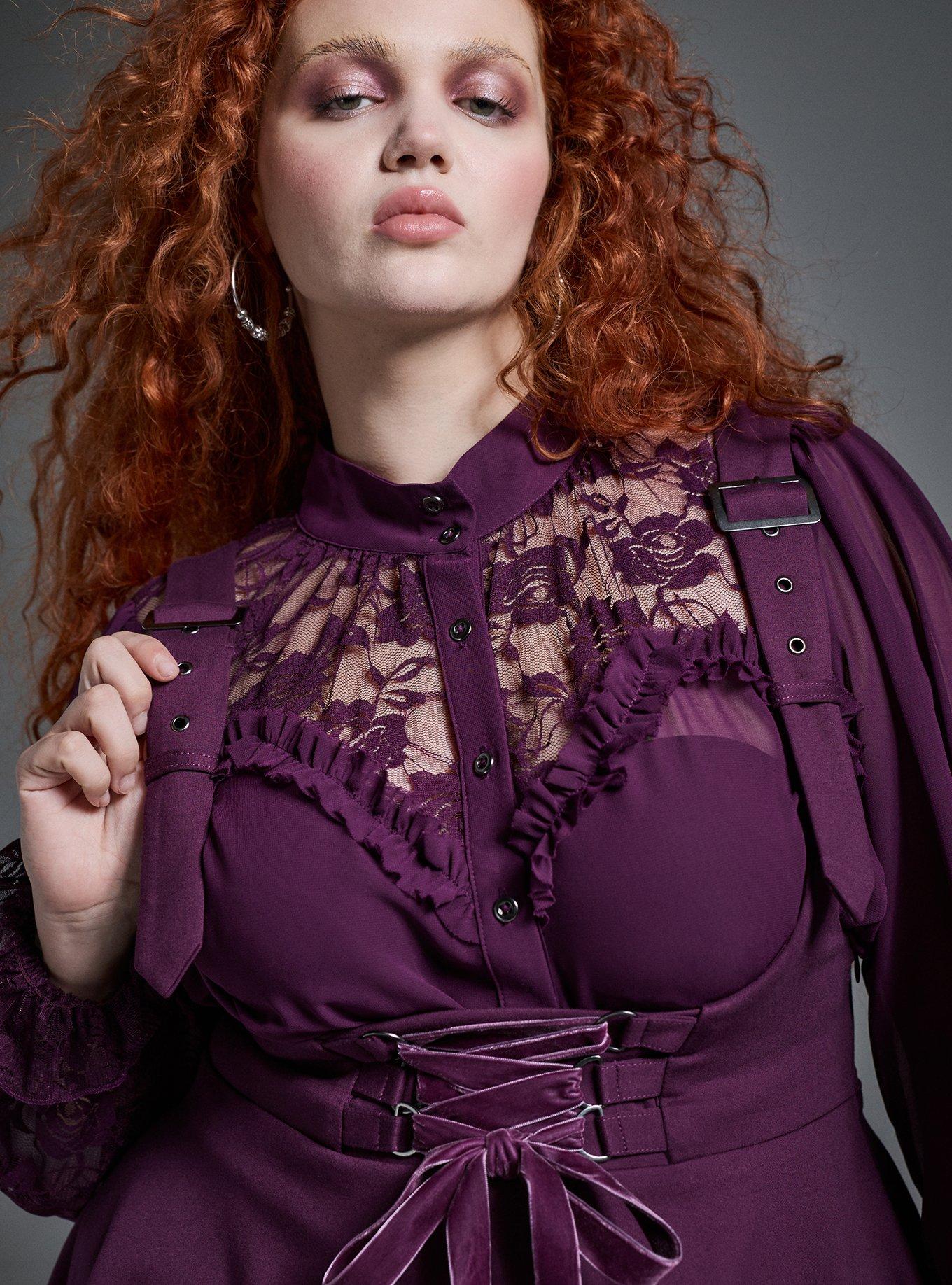 Nightfall Lace Detail Button Up Top, POTENT PURPLE, alternate