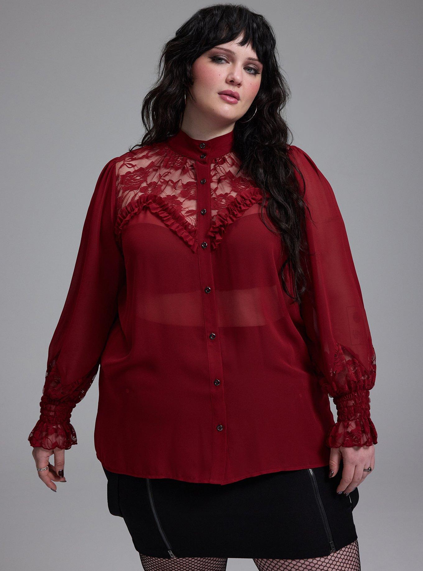 Nightfall Lace Detail Button-Up Top, Sun Dried Tomato, hi-res