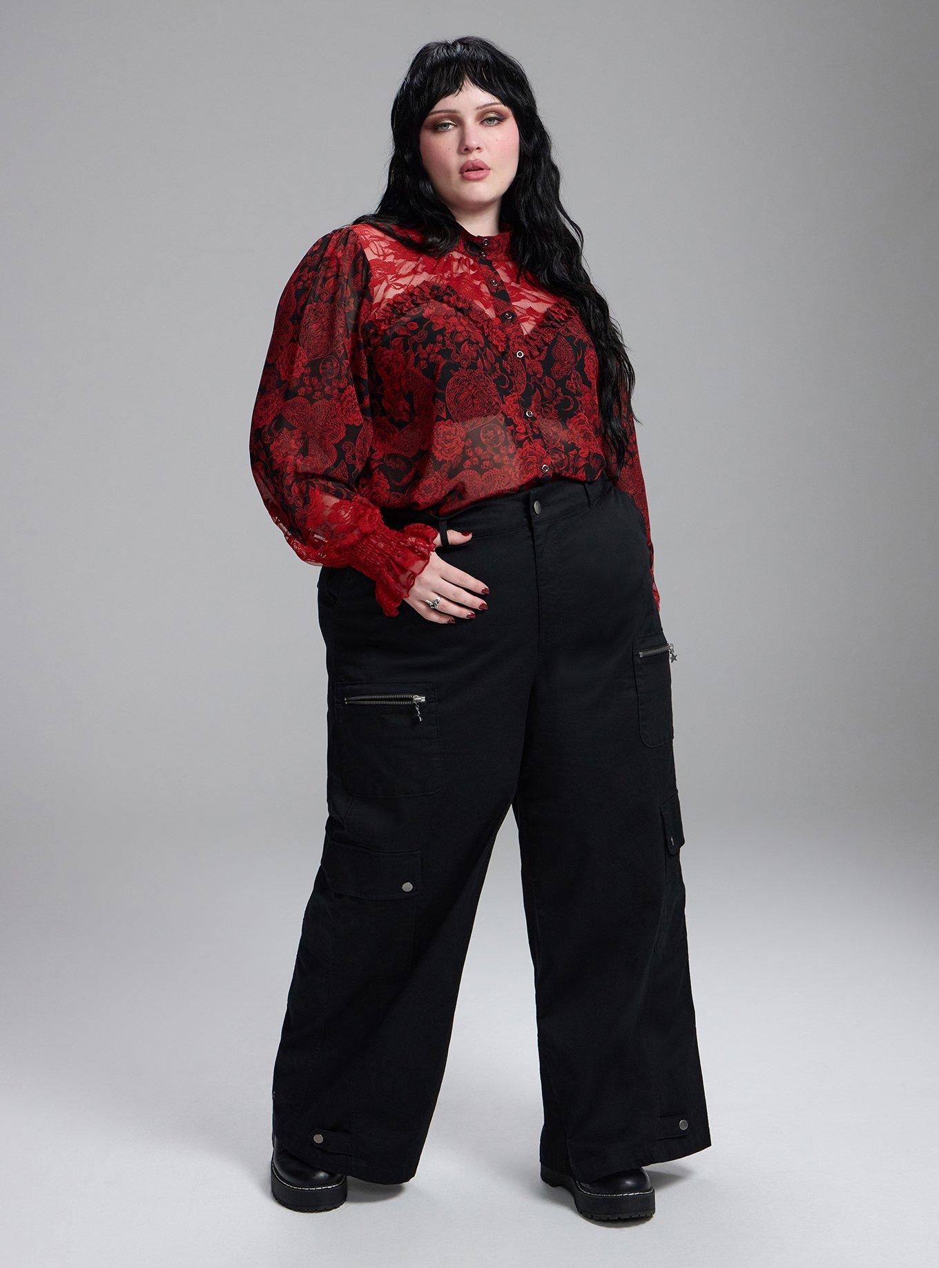 Nightfall Lace Detail Button-Up Top, DEATH MOTH FLORAL RED, alternate