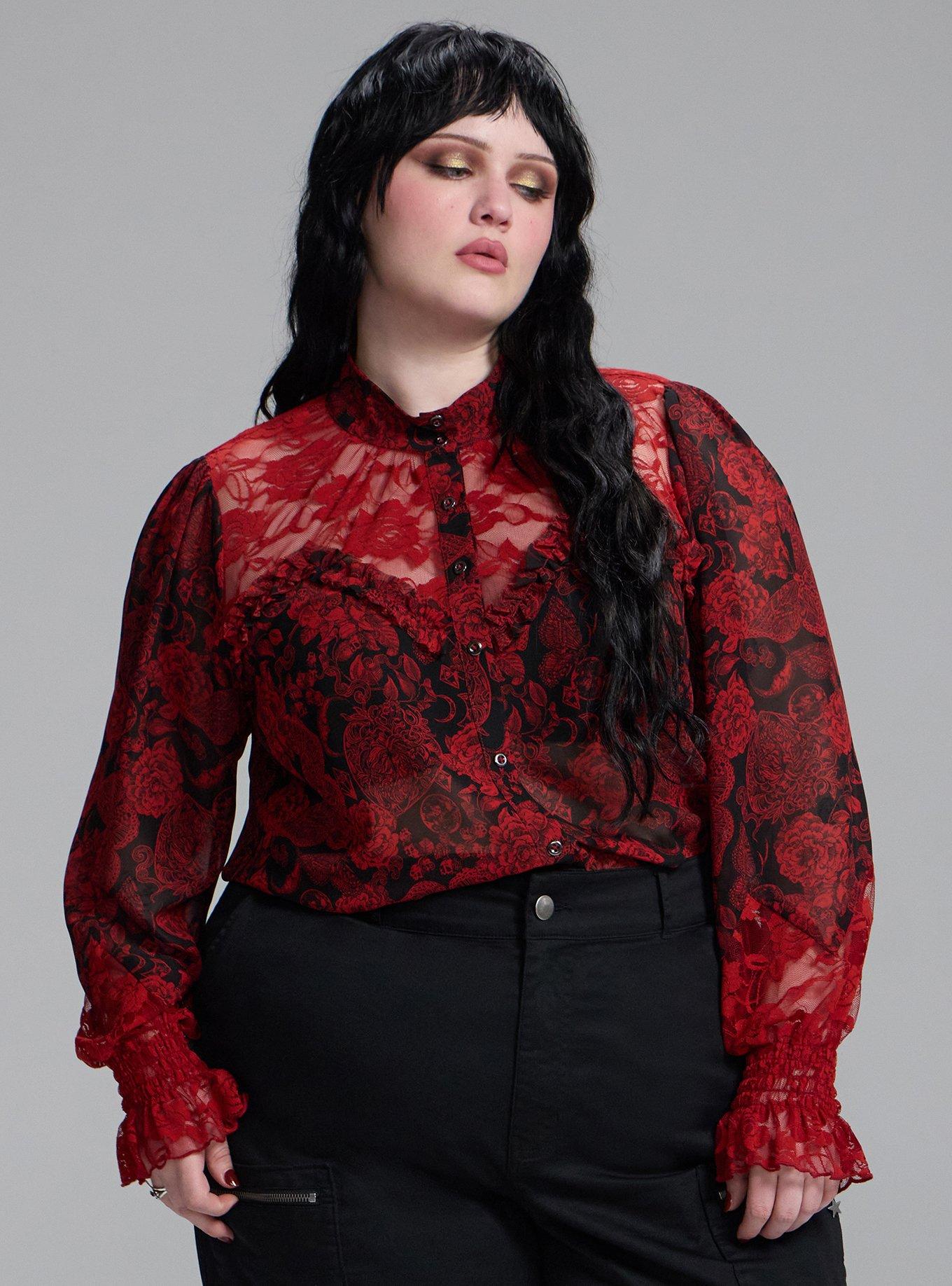 Nightfall Lace Detail Button-Up Top, DEATH MOTH FLORAL RED, alternate