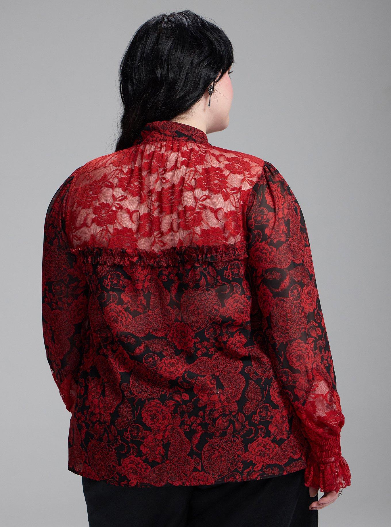 Nightfall Lace Detail Button-Up Top, DEATH MOTH FLORAL RED, alternate