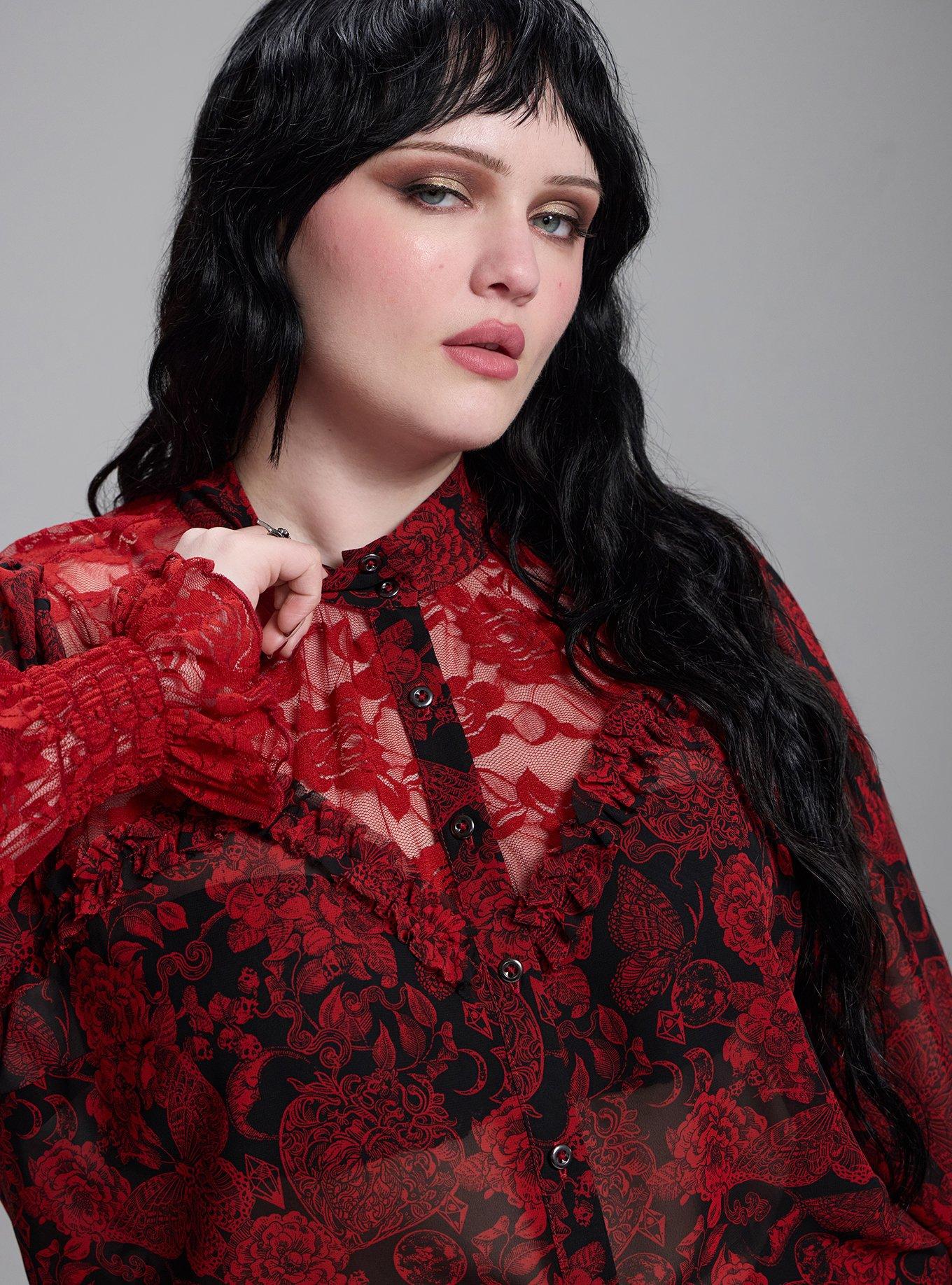 Nightfall Lace Detail Button-Up Top, DEATH MOTH FLORAL RED, alternate