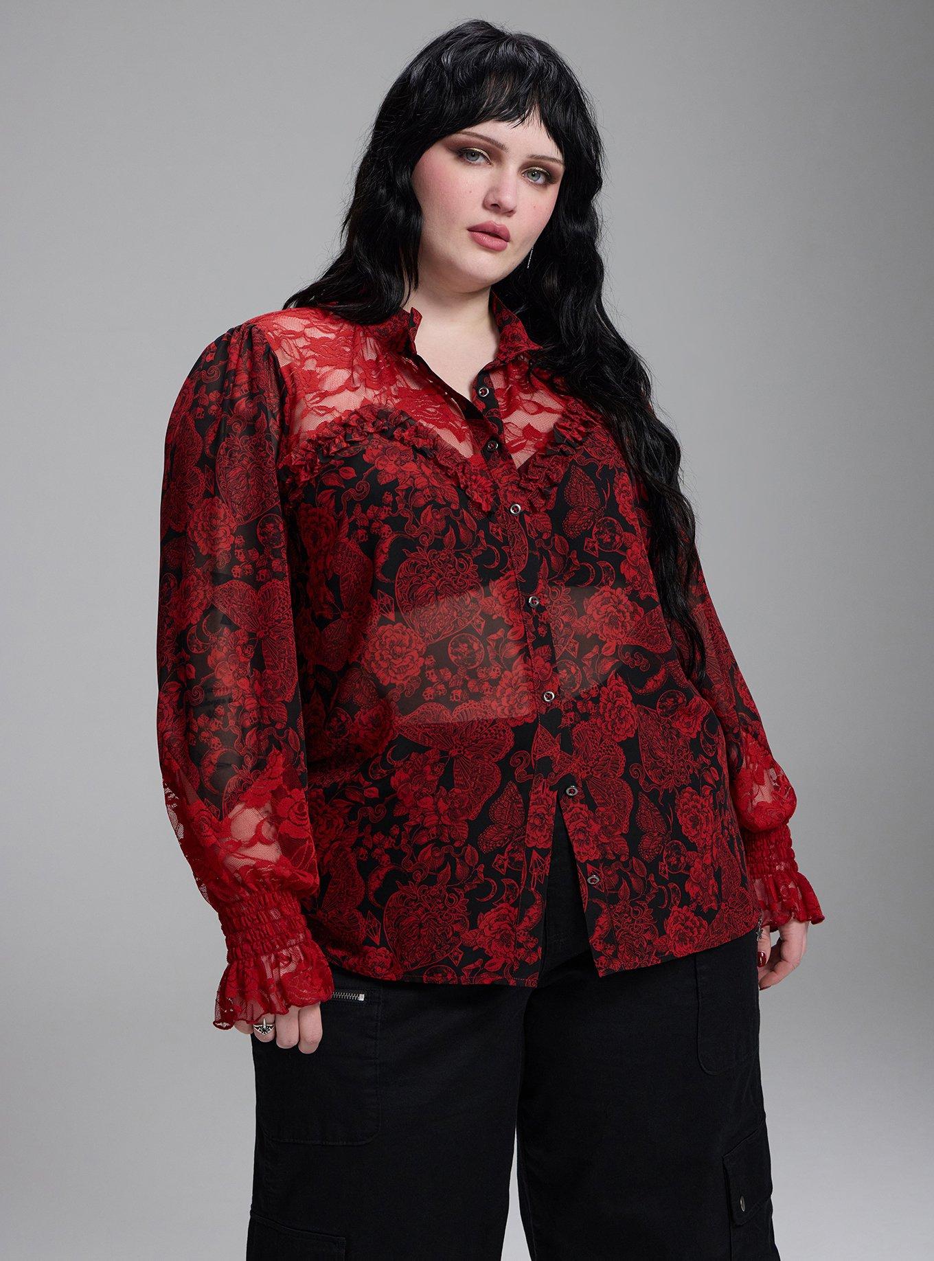 Nightfall Lace Detail Button-Up Top, DEATH MOTH FLORAL RED, hi-res